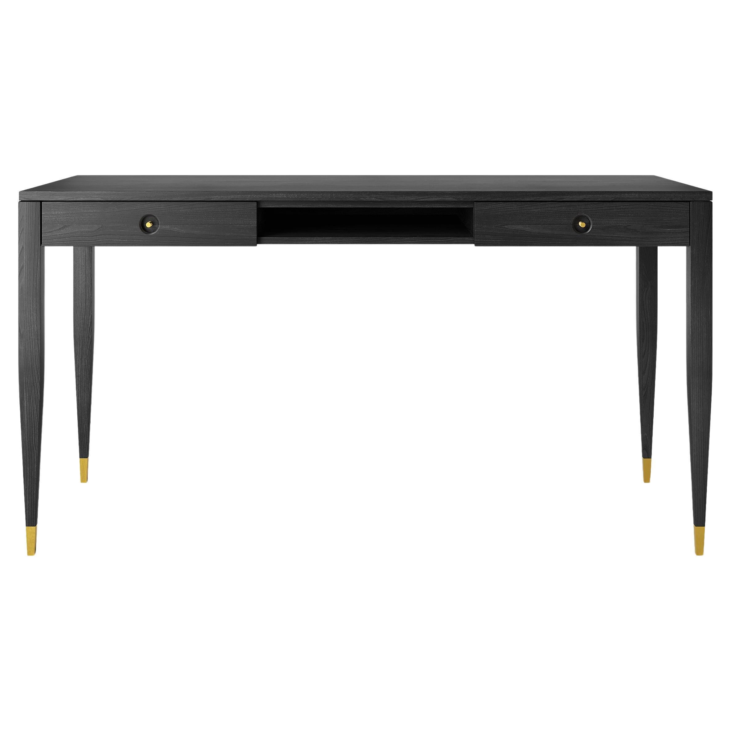 Large black desk with two solid drawers and shelf in mid century modern style
