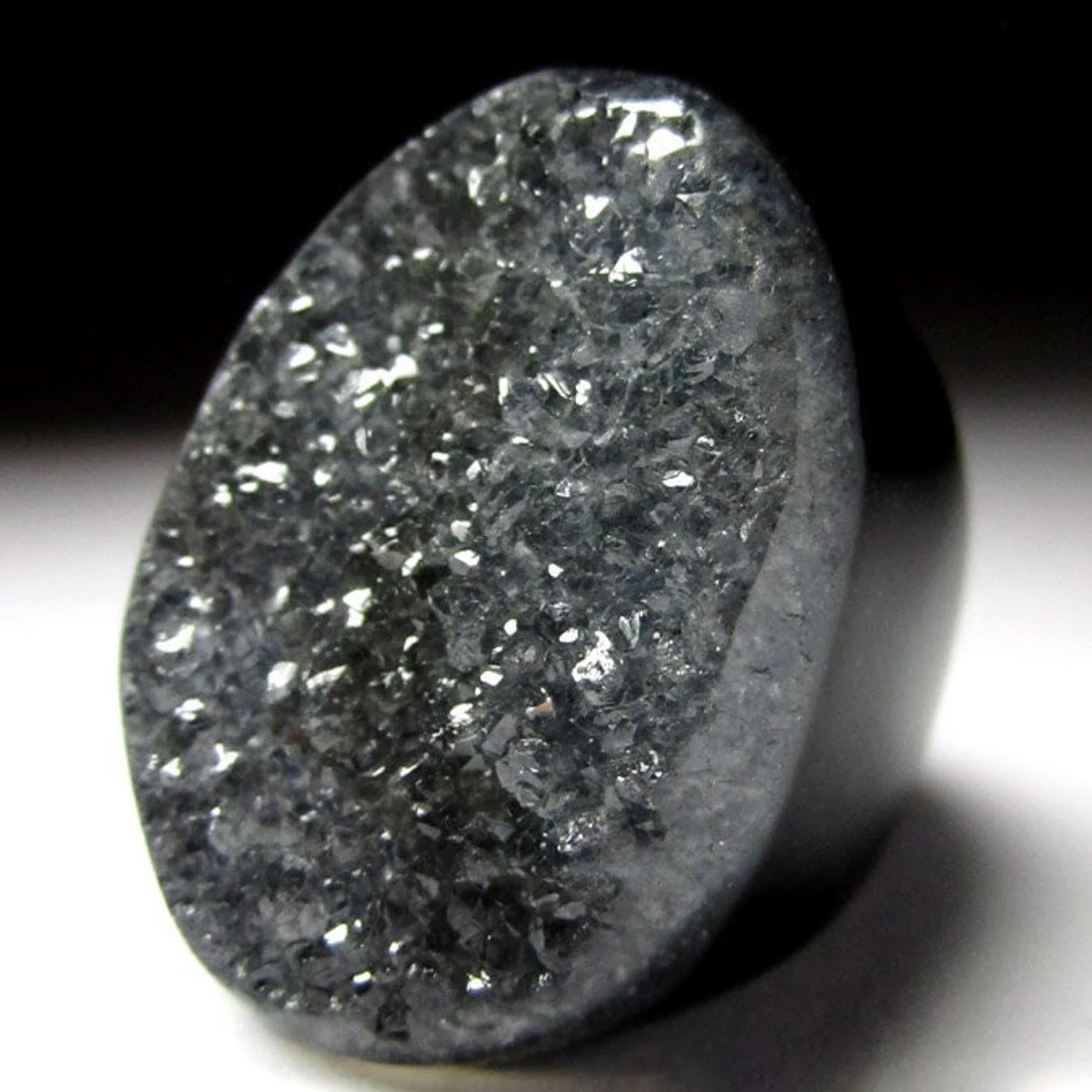 Artisan Big Black Druzy Agate Quartz Crystals Ring Chalcedony Natural Brazilian Gemstone For Sale