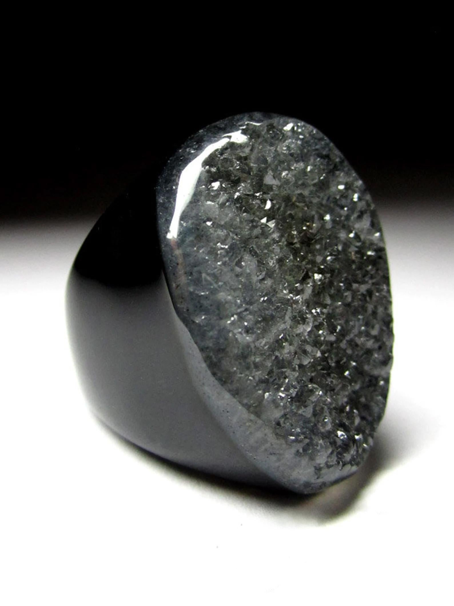 Uncut Big Black Druzy Agate Quartz Crystals Ring Chalcedony Natural Brazilian Gemstone For Sale
