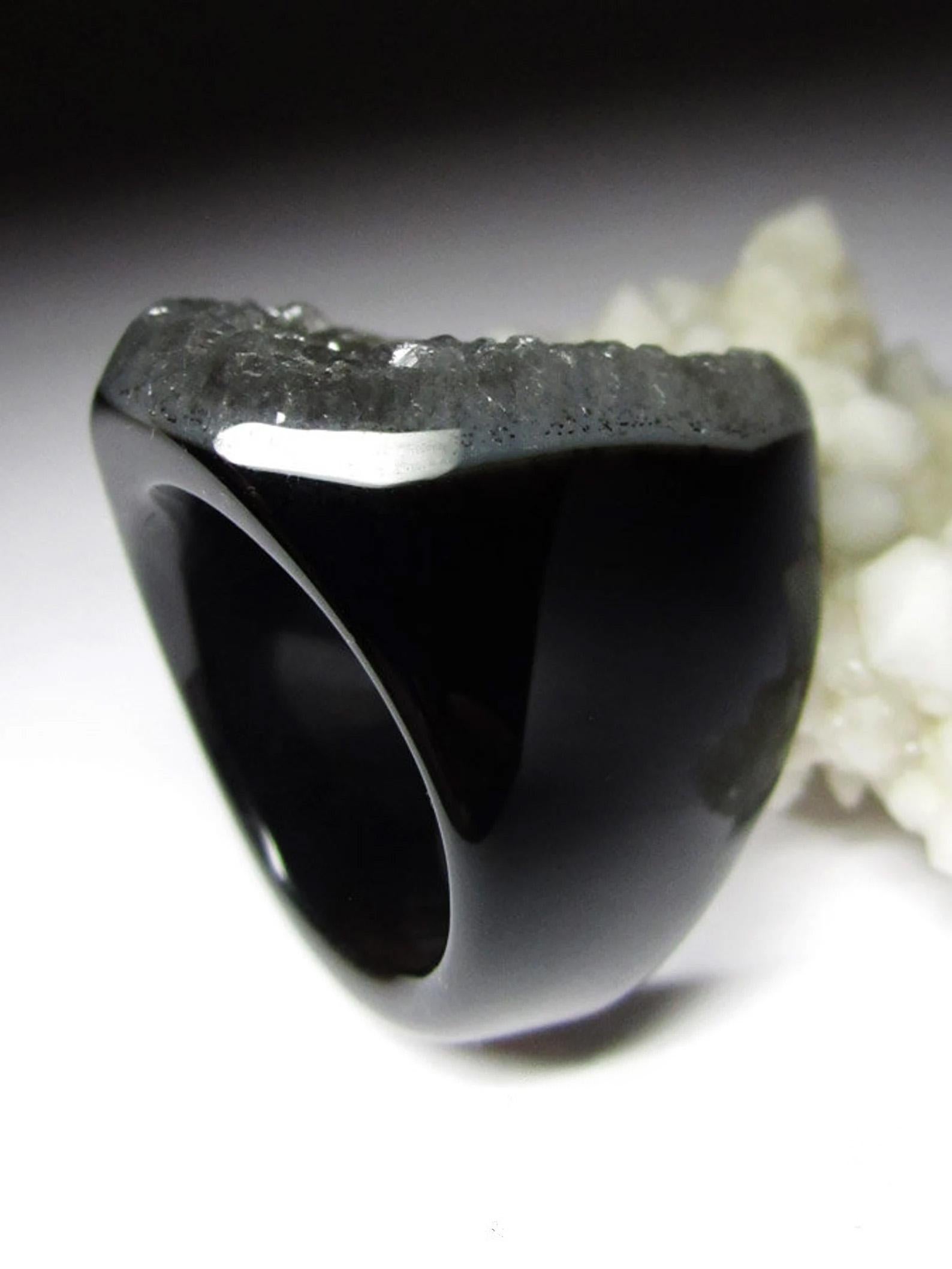 Women's or Men's Big Black Druzy Agate Quartz Crystals Ring Chalcedony Natural Brazilian Gemstone For Sale