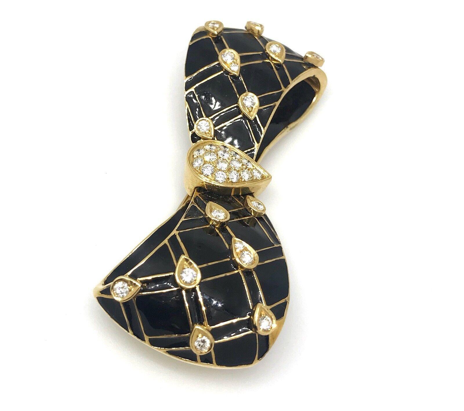 Pear Cut Large Black Enamel and Diamond Bow Pin / Brooch in 18k Yellow Gold For Sale