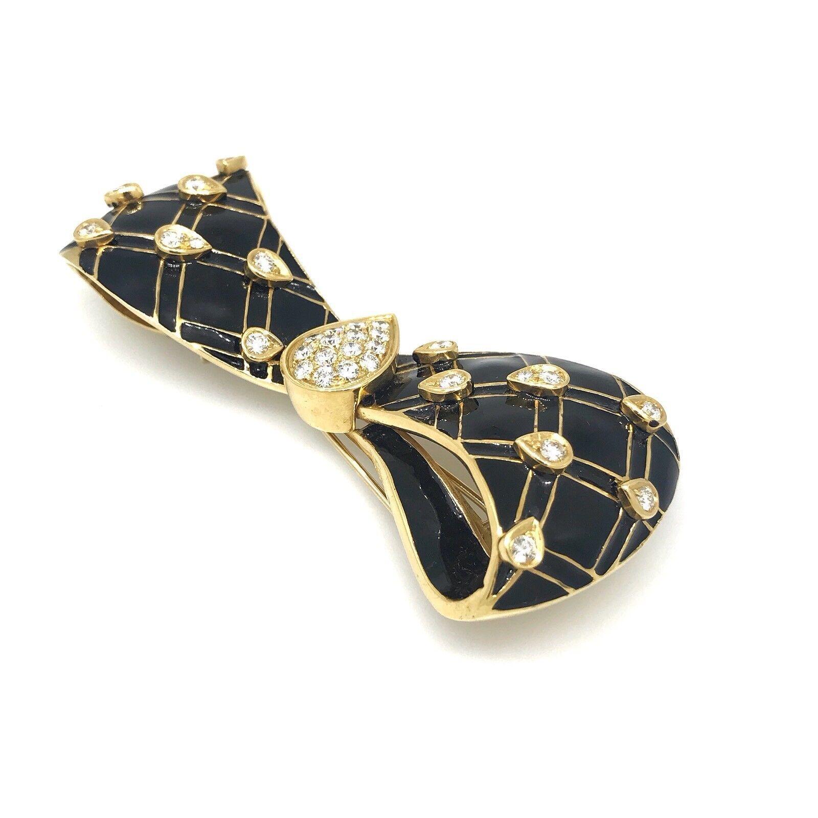 Large Black Enamel and Diamond Bow Pin / Brooch in 18k Yellow Gold In Excellent Condition For Sale In La Jolla, CA