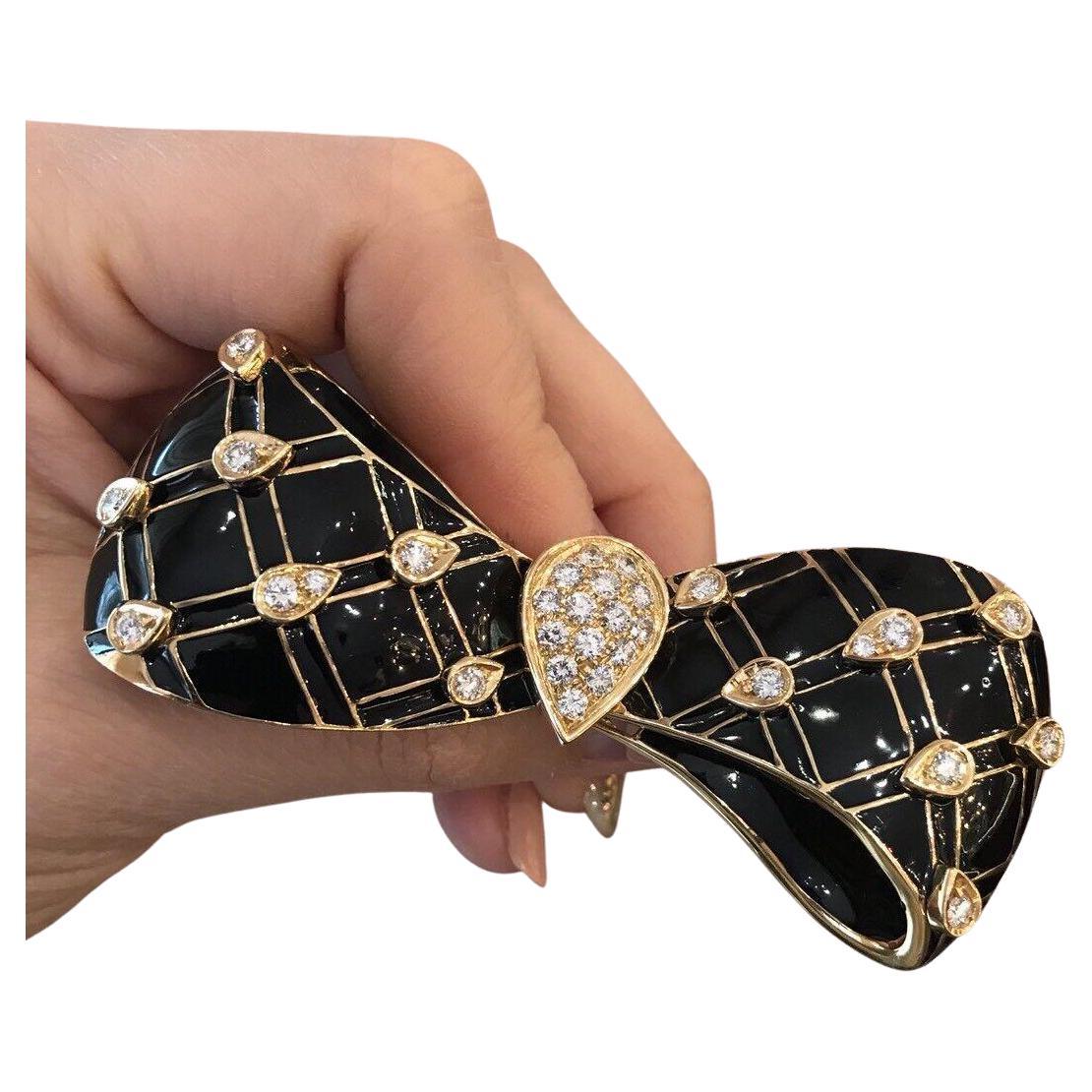Large Black Enamel and Diamond Bow Pin / Brooch in 18k Yellow Gold For Sale