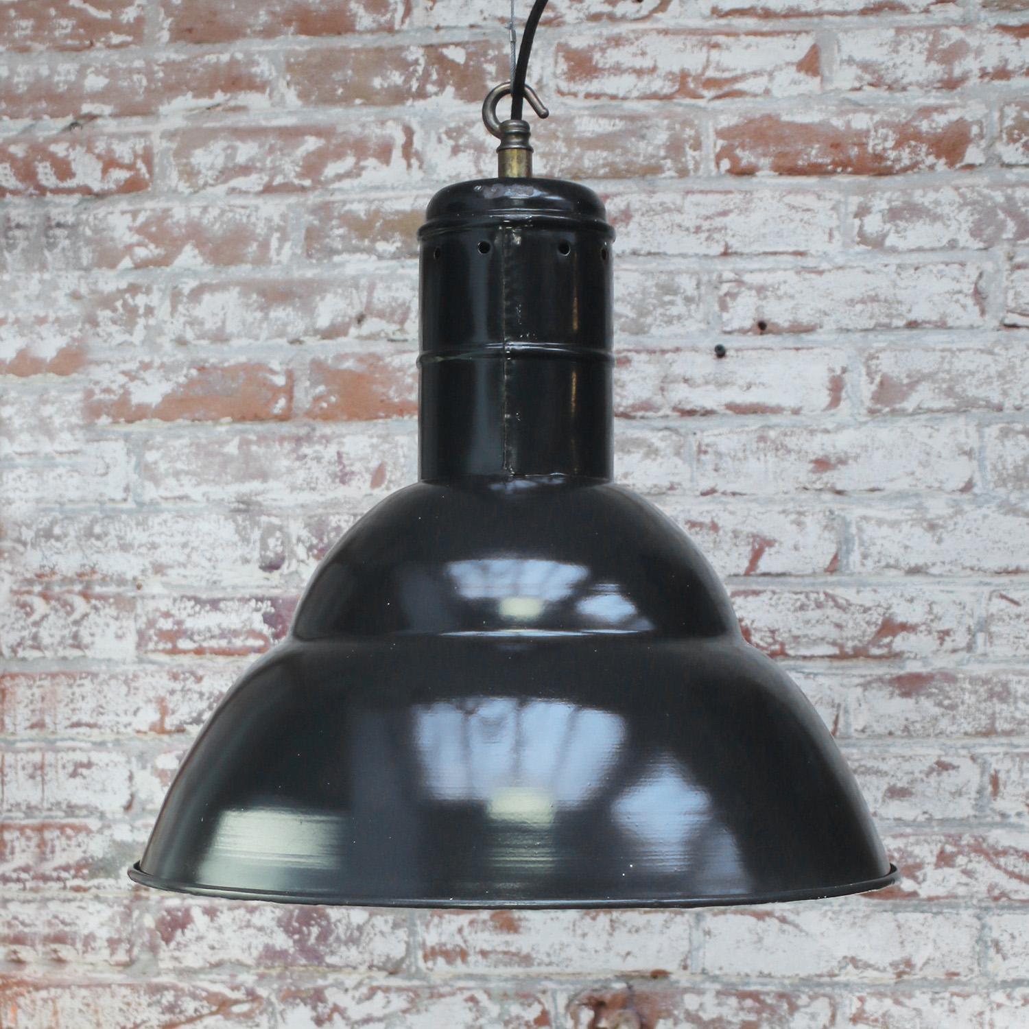 20th Century Large Black Enamel French Vintage Industrial Pendant Light For Sale