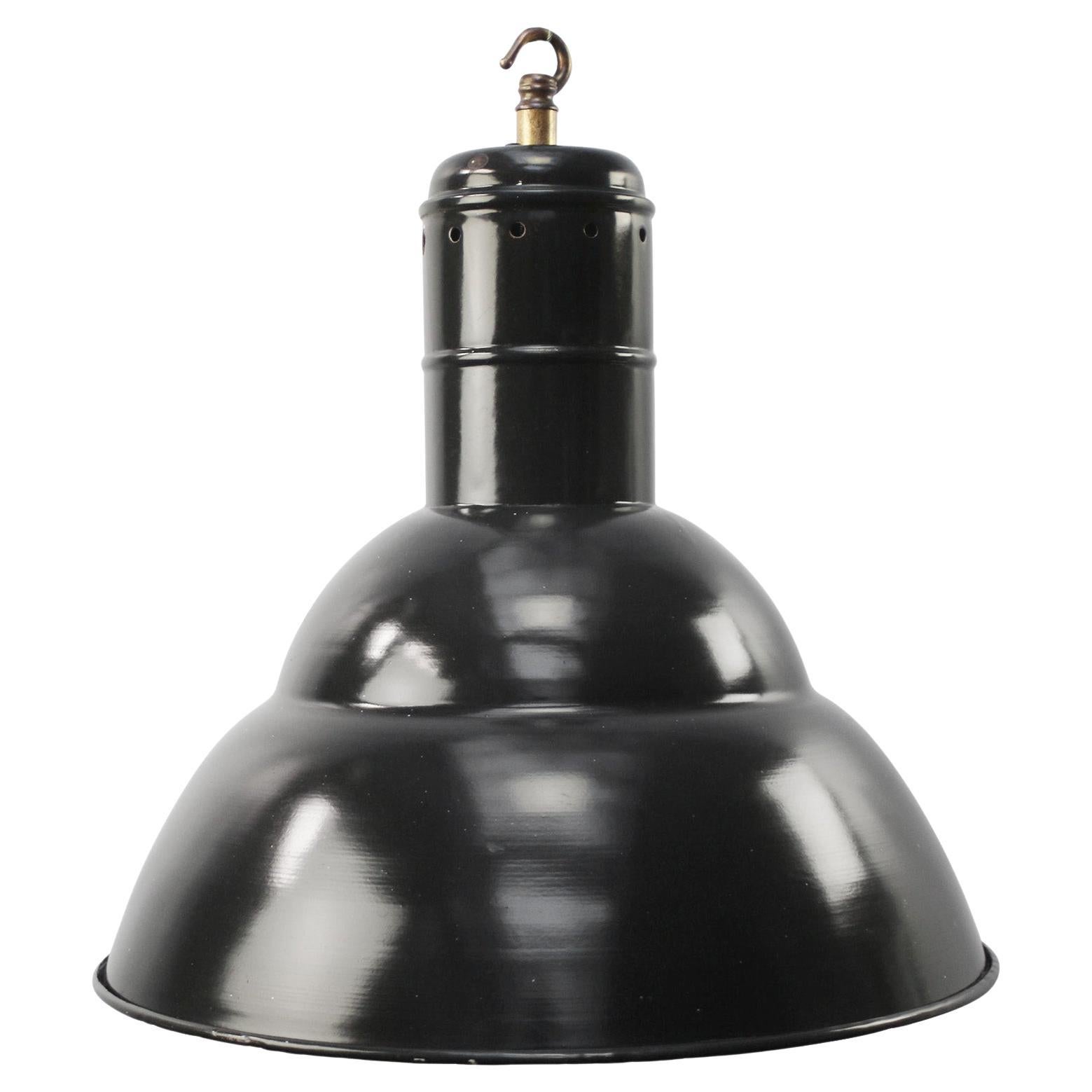 Large Lampe pendante industrielle vintage en émail noir français en vente