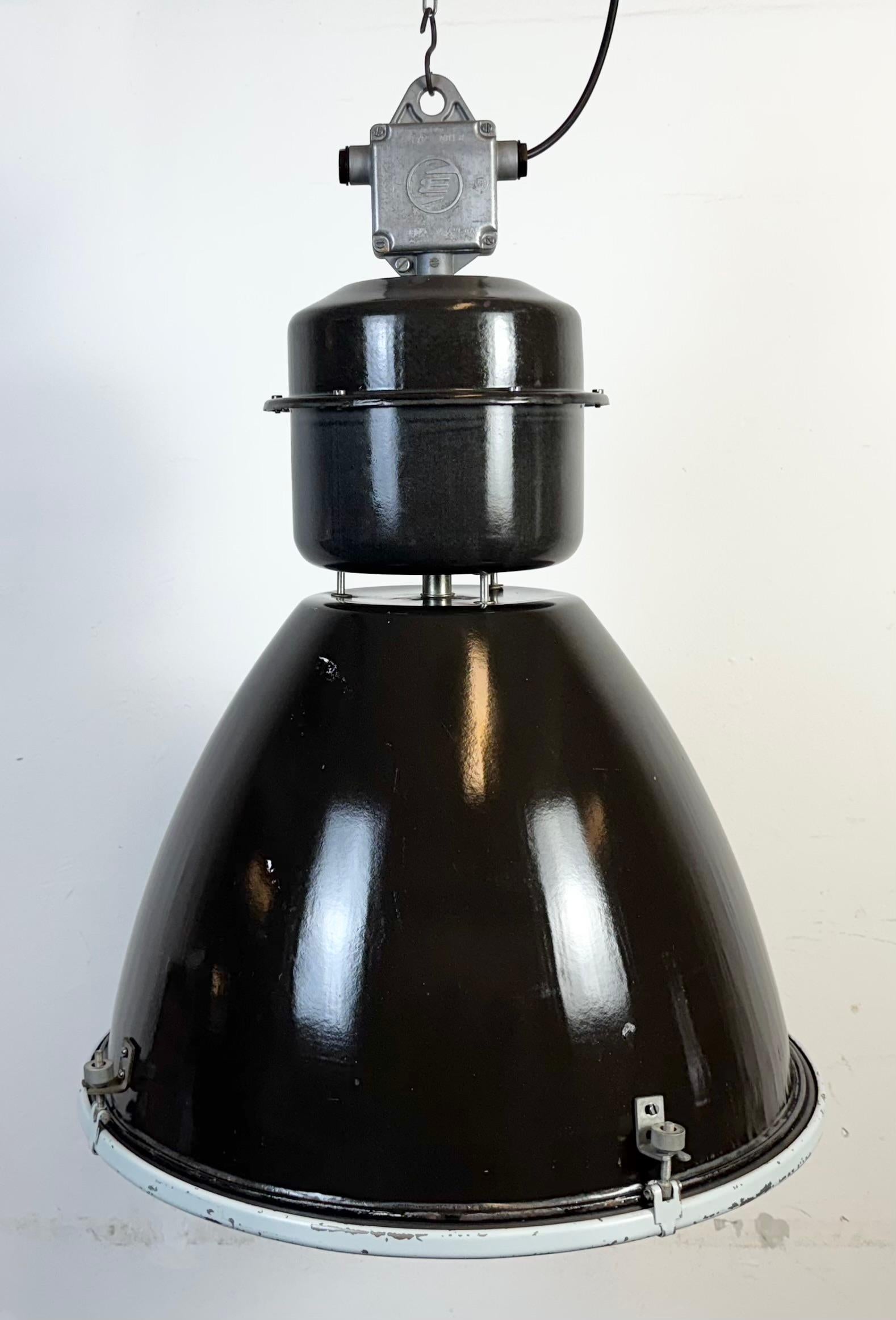 Czech Large Black Enamel Industrial Lamp with Clear Glass Cover from Elektrosvit For Sale