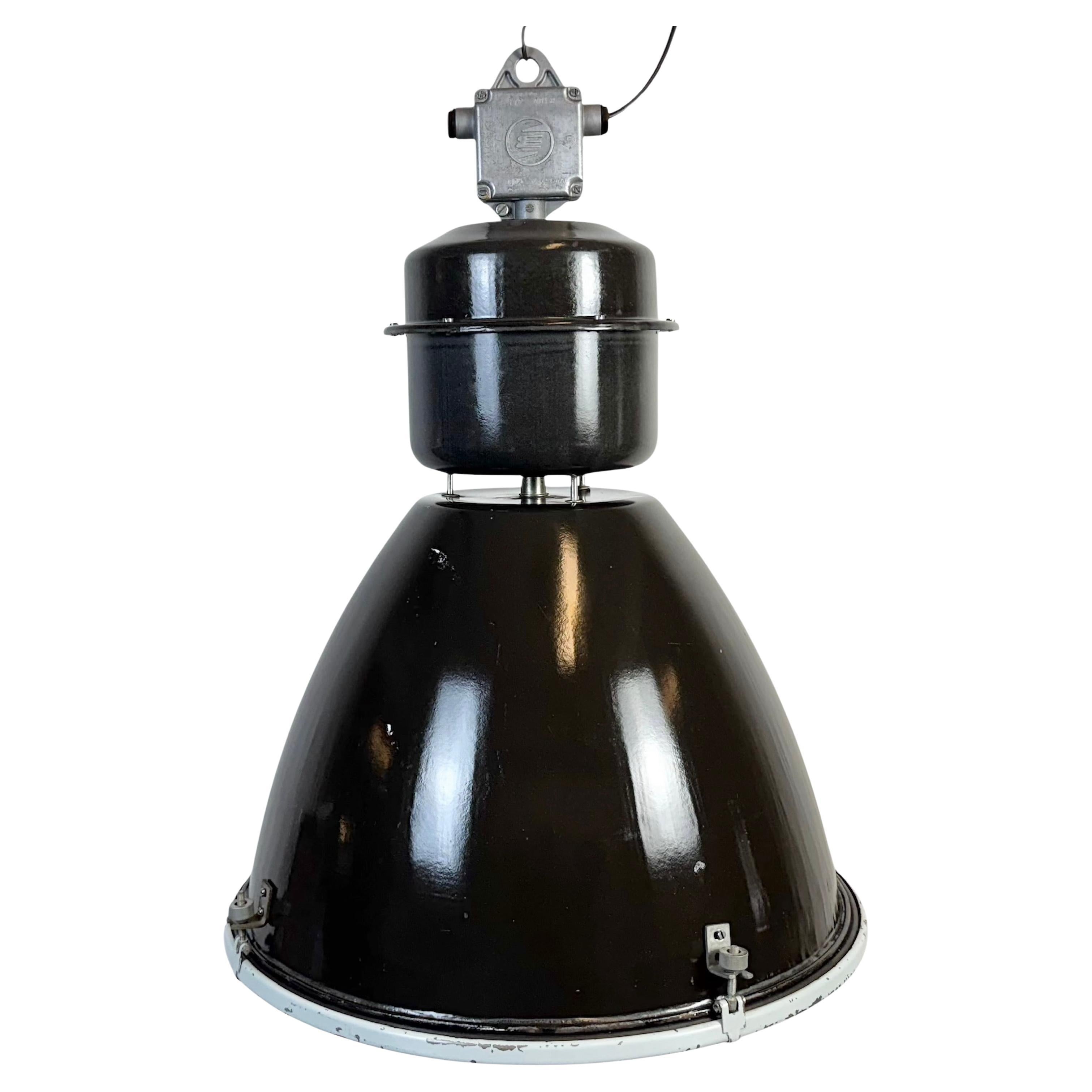 Large Black Enamel Industrial Lamp with Clear Glass Cover from Elektrosvit