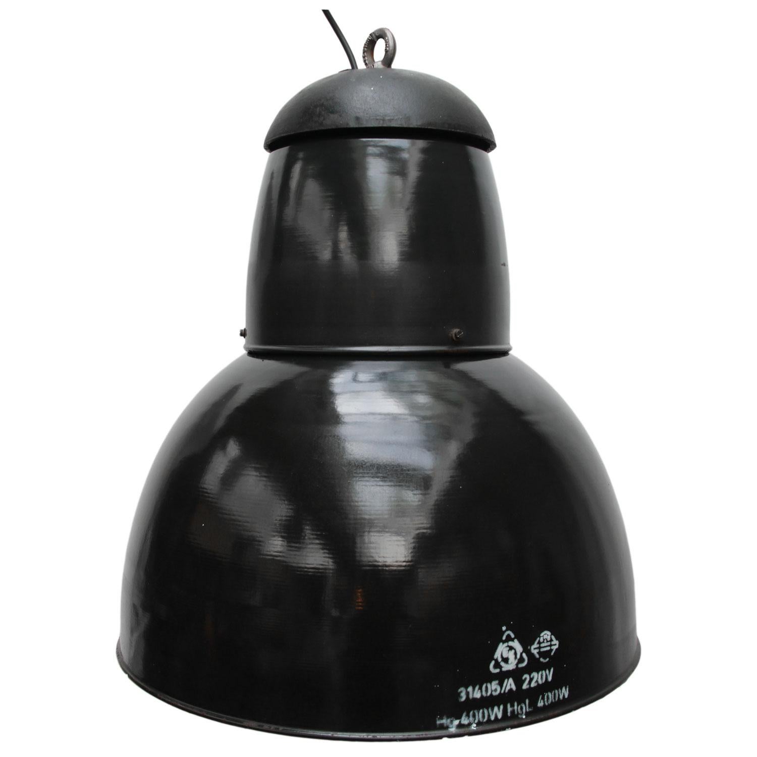 Large Black Enamel Vintage Industrial Cast Iron Top Pendant Lights 1
