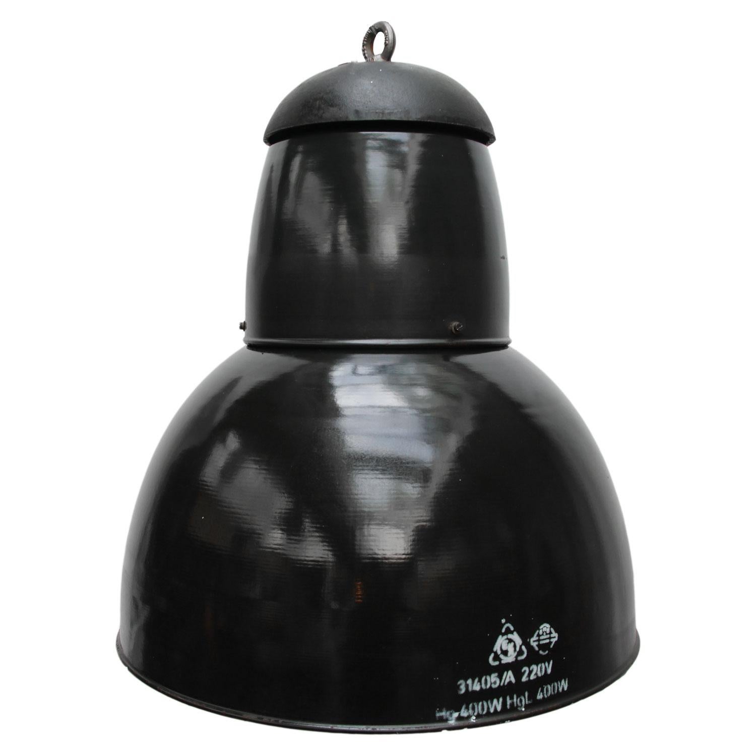 Large Black Enamel Vintage Industrial Cast Iron Top Pendant Lights For Sale