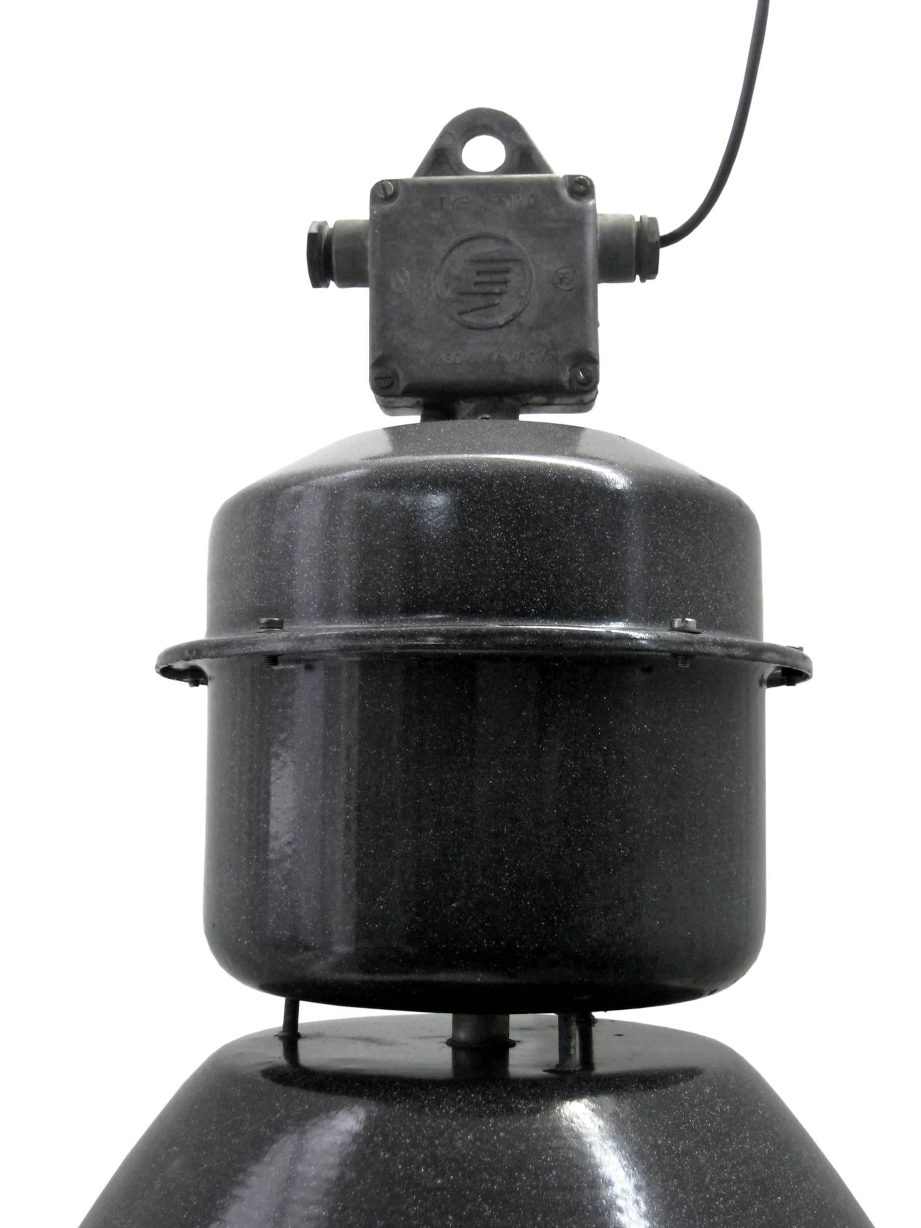 20th Century Large Black Enamel Vintage Industrial Clear Glass Pendant Lamps For Sale