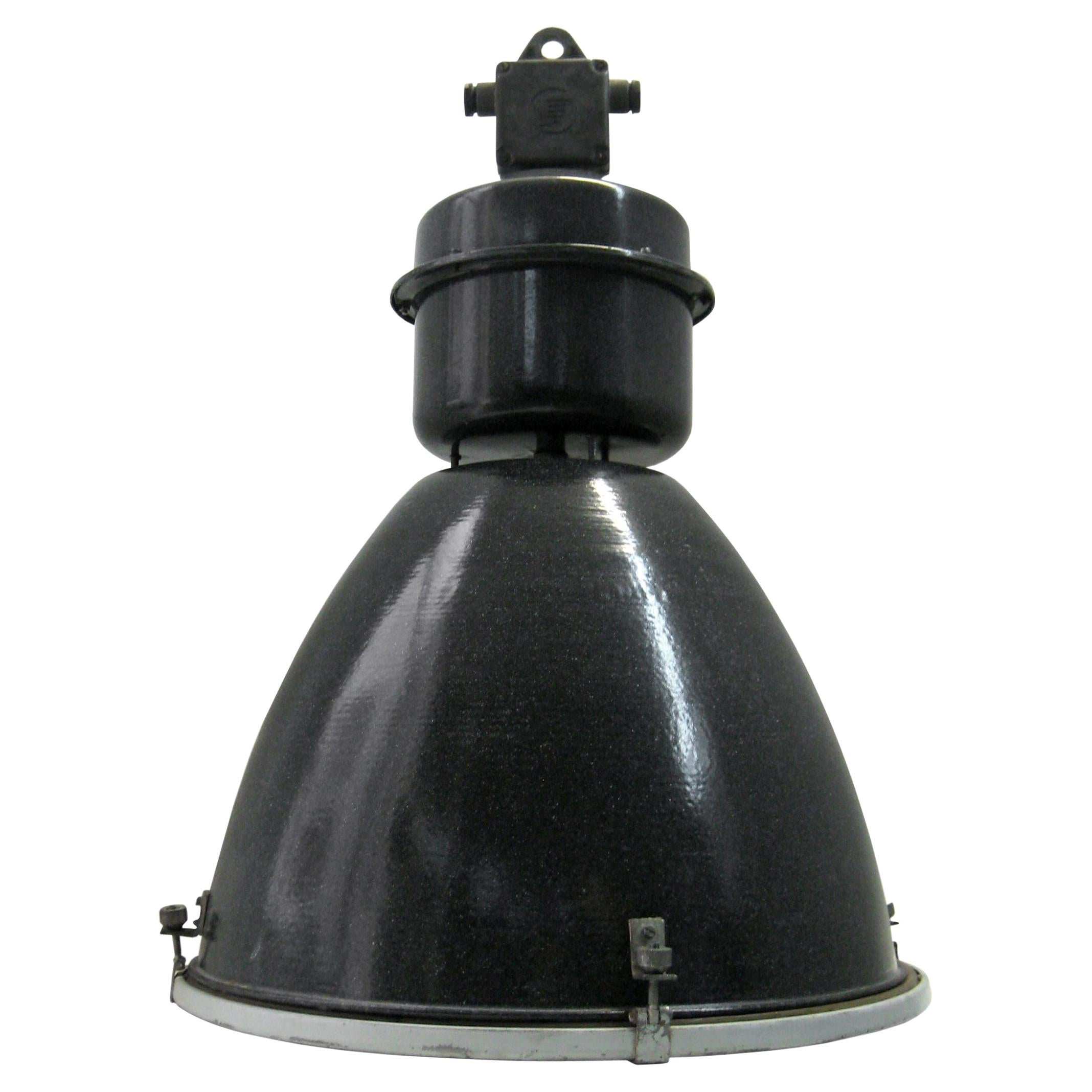 Large Black Enamel Vintage Industrial Clear Glass Pendant Lamps For Sale