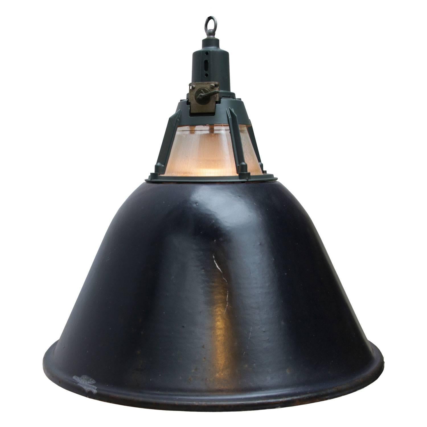 Large Black Enamel Vintage Industrial Holophane Glass Pendant Light