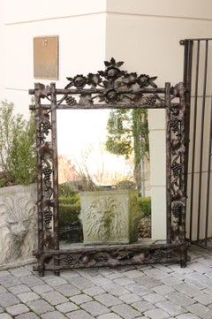 Large Black Forest 1900s Swiss Mirror with Hand-Carved Grapes and Floral Motifs