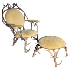 Large Black Forest 19th Century Antler Arm Chair and Ottoman