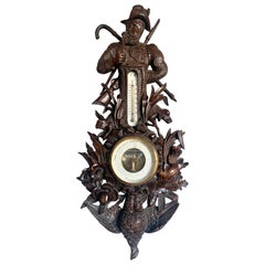Large Black Forest Barometer & Thermometer with Hand Carved Hunter & Rifle Theme