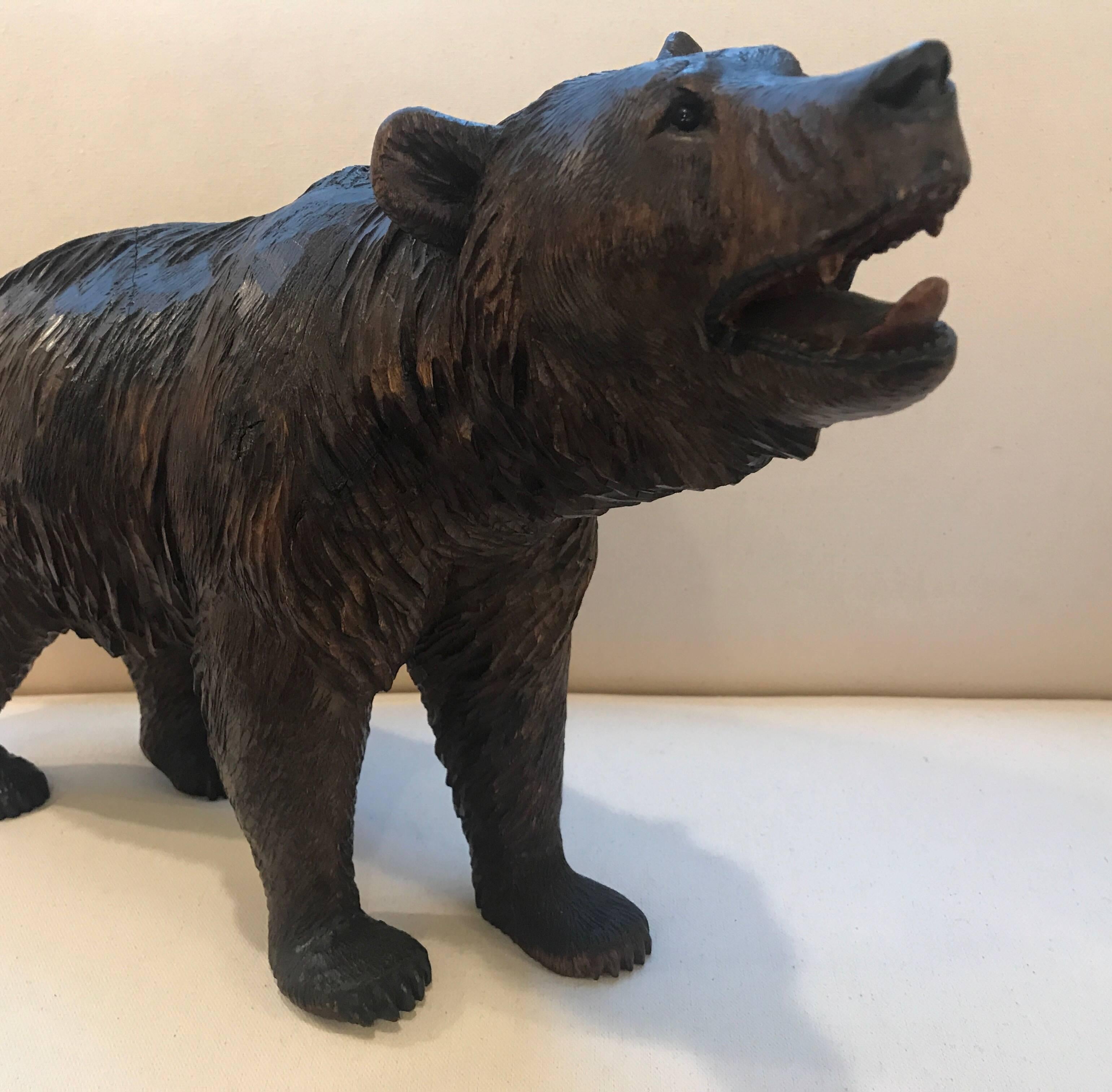 Exceptional walnut Black Forest carving of a bear. The fully hand carved figure with glass eyes, late 19th century.
This dark wood Black Forest carving features a bear on all four legs with his head turned and mouth open. This carved bear from the