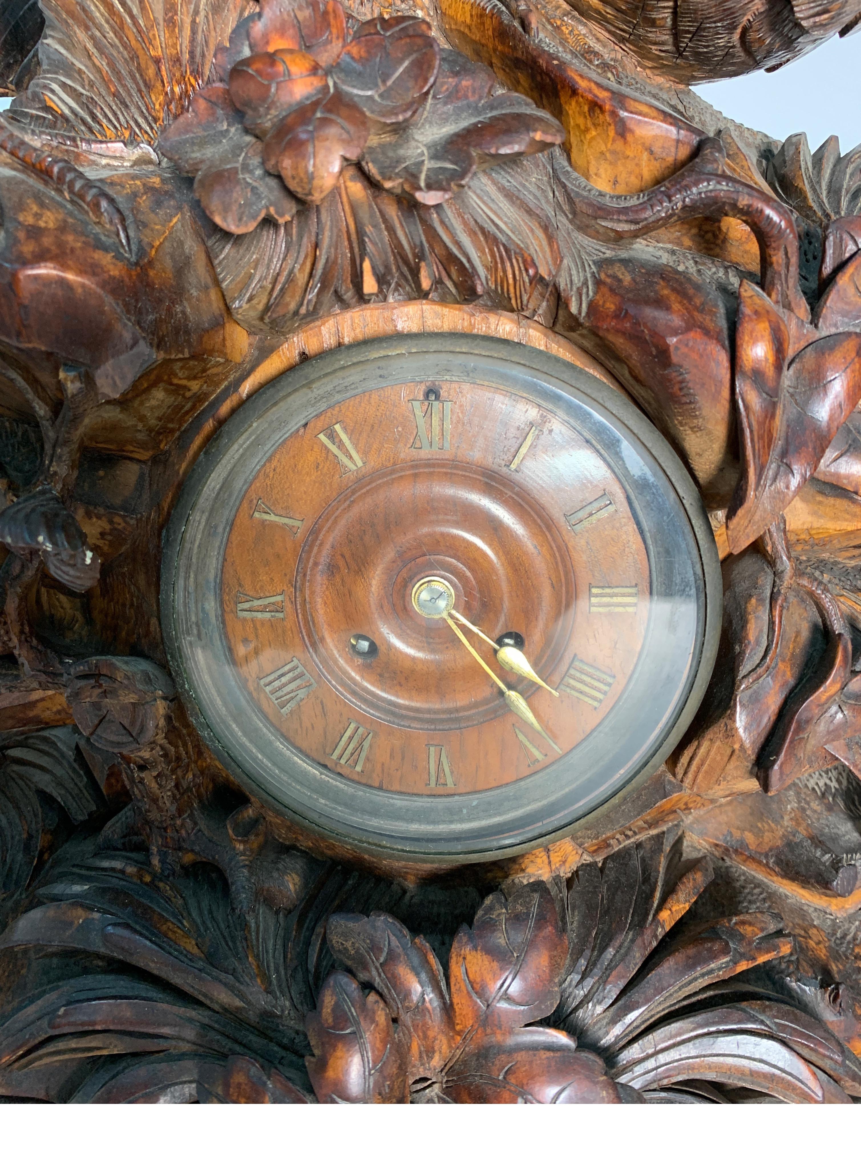 Walnut Large German Black Forest Carved Clock, 19th Century