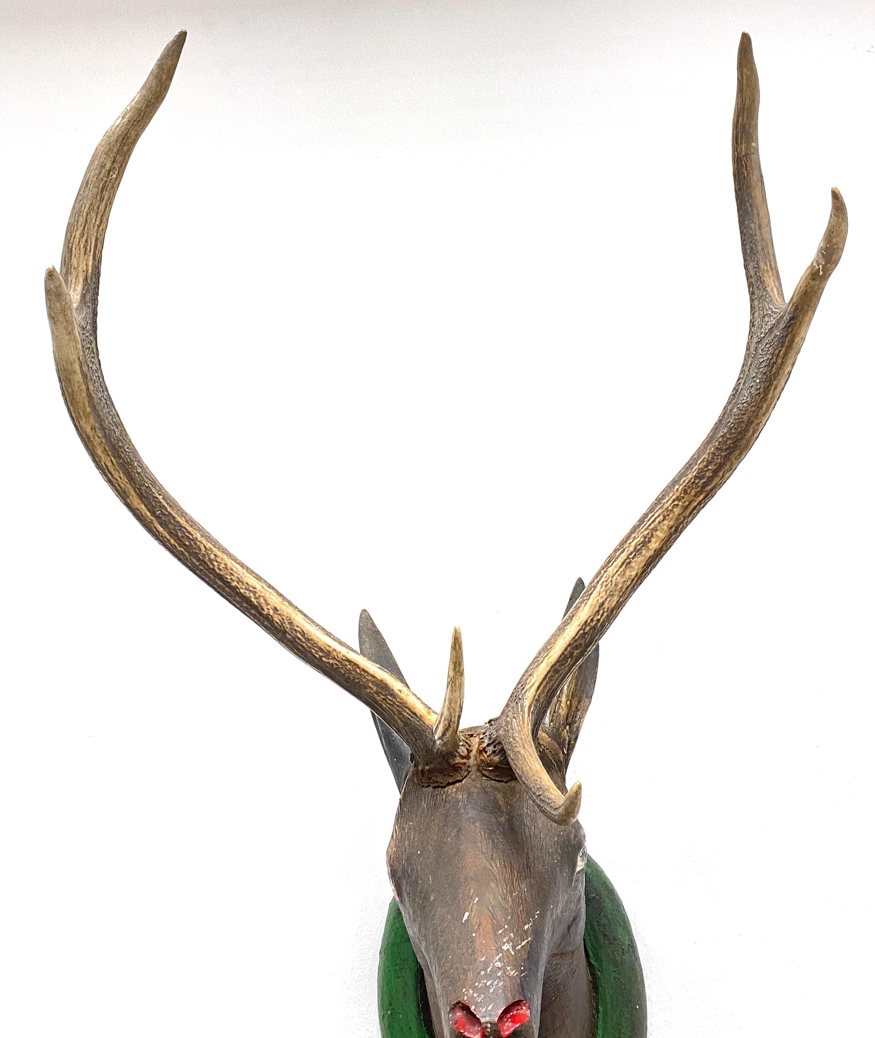 Large Black Forest Carved Wood Deer Head with Real Antlers, 19th Century 8