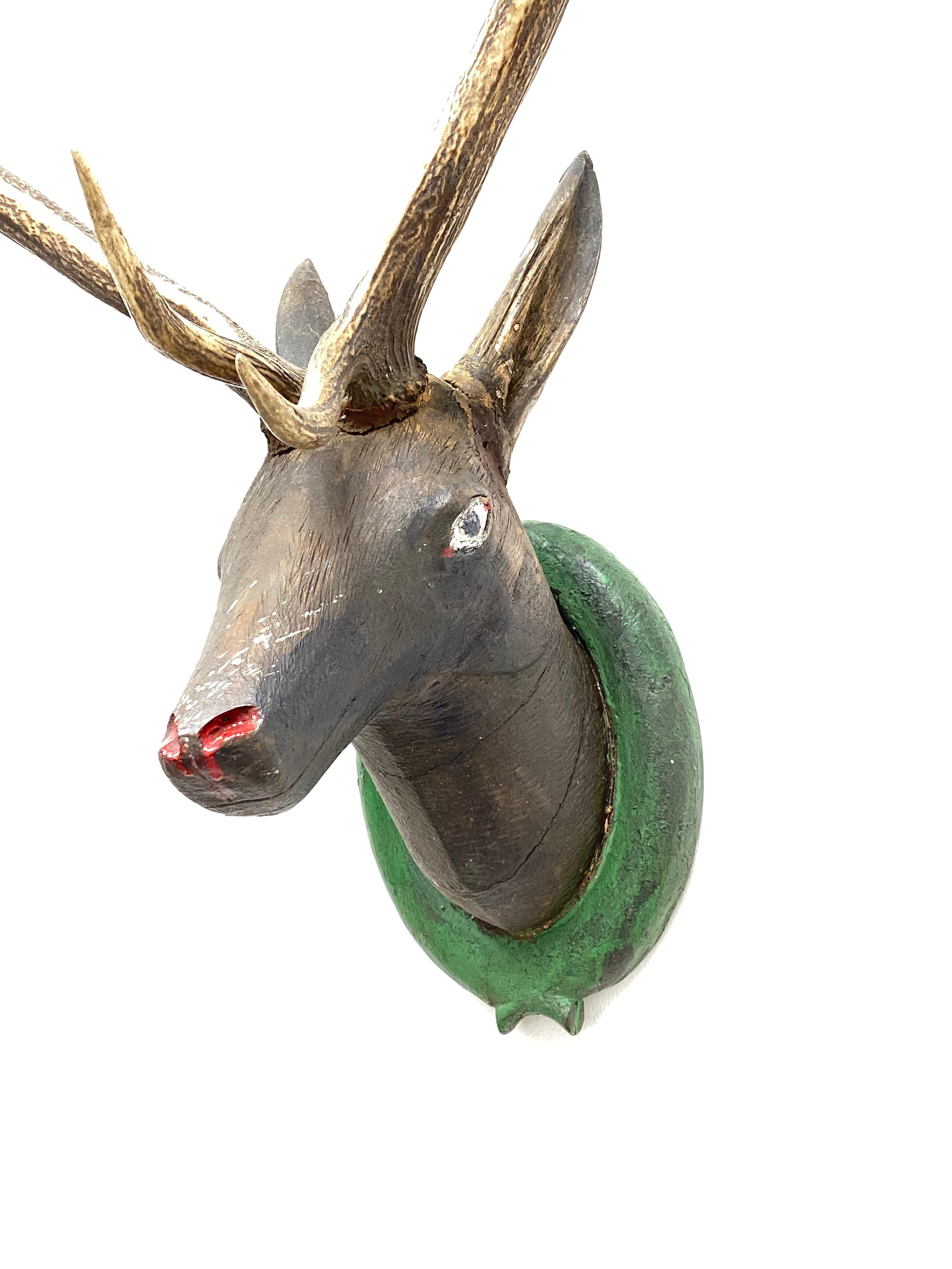 Hand-Carved Large Black Forest Carved Wood Deer Head with Real Antlers, 19th Century