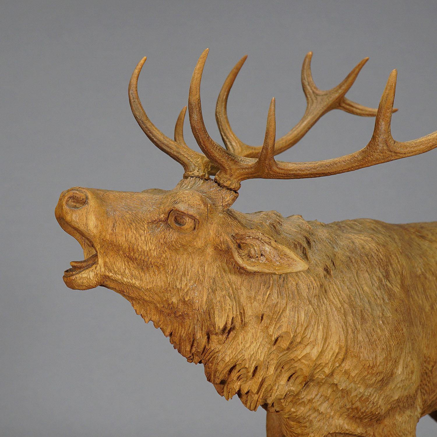 20th Century Large Black Forest Wooden Carved Stag Sculpture, ca. 1920 Pinterest Button Item