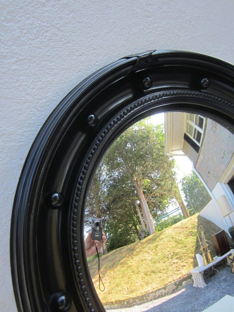 Large Black Framed Convex Mirror In Excellent Condition For Sale In East Hampton, NY
