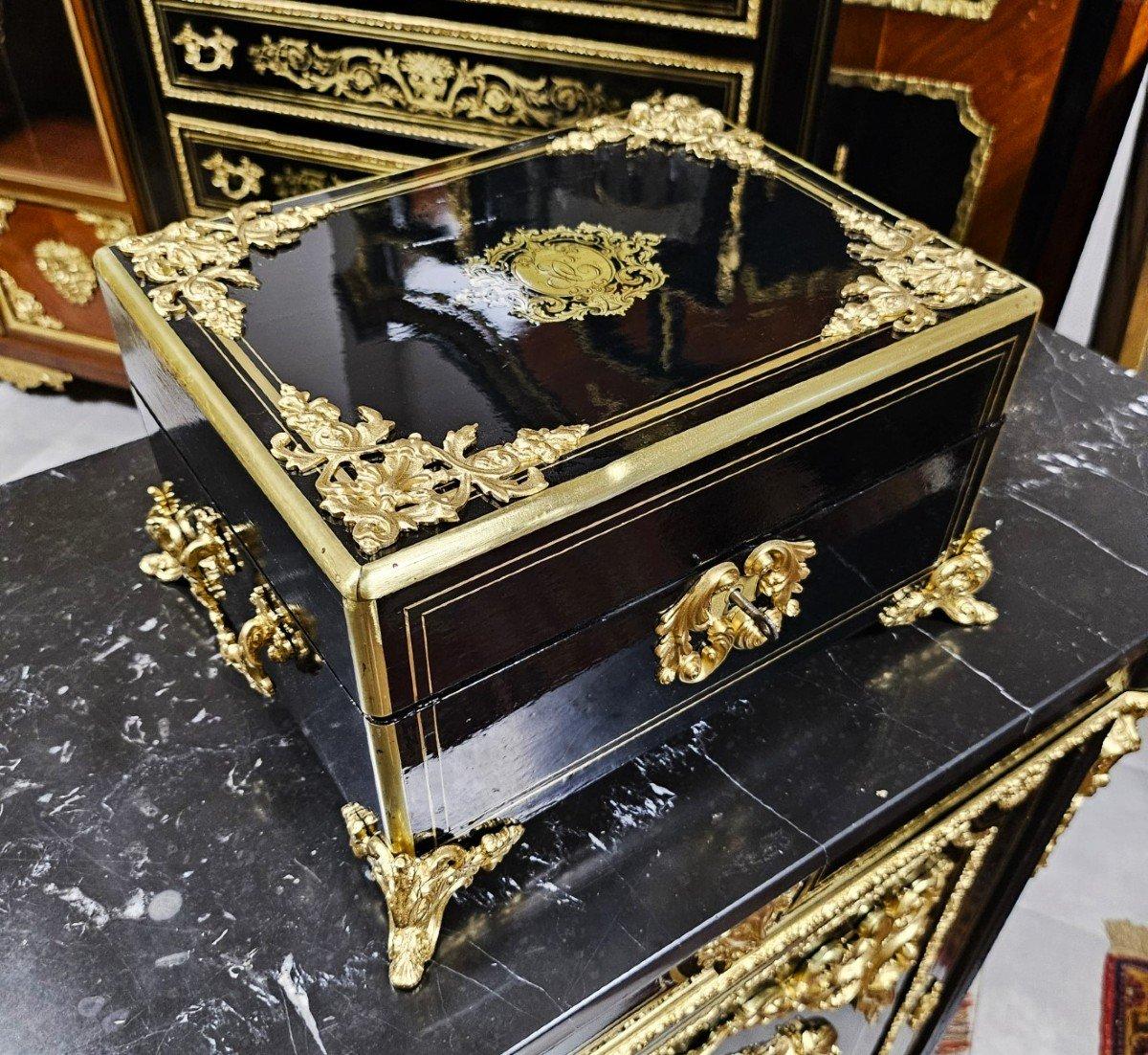 Brass Large Black French Napoleon III Boulle Gilt Bronze  Decorative Box 19th Century