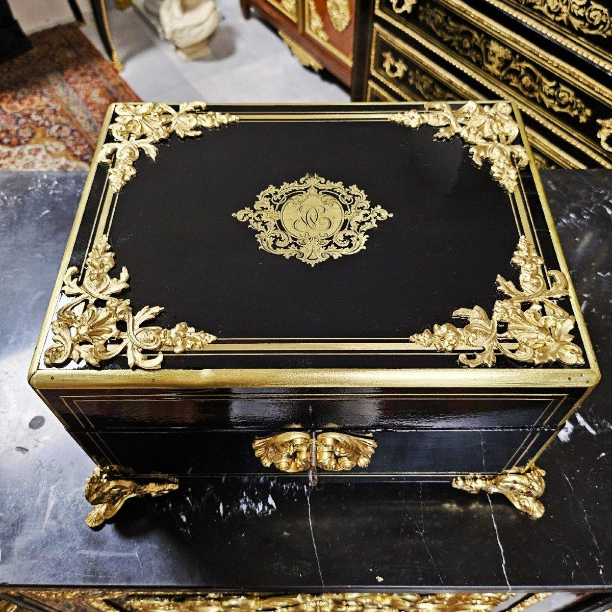 Large Black French Napoleon III Boulle Gilt Bronze  Decorative Box 19th Century 1