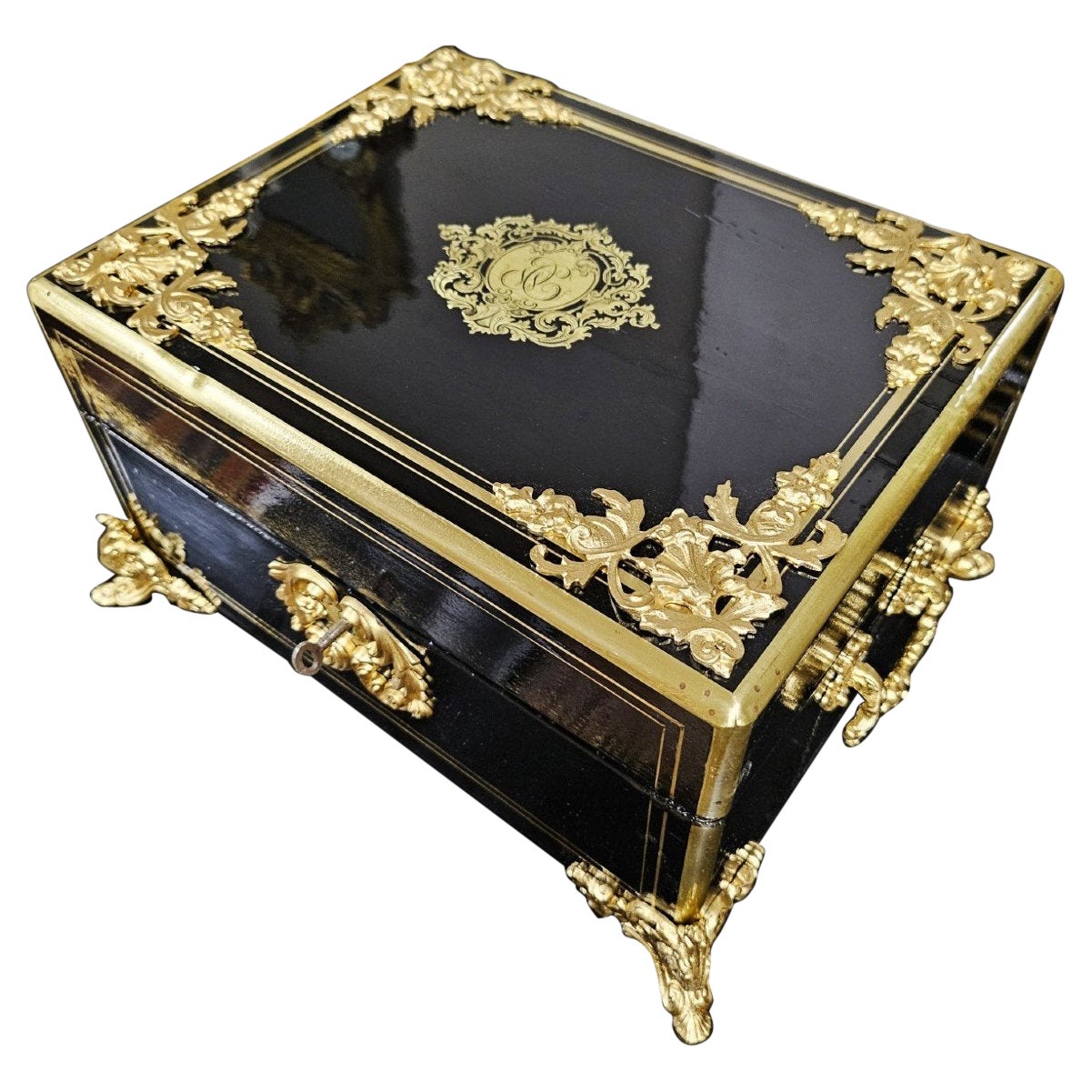 Large Black French Napoleon III Boulle Gilt Bronze  Decorative Box 19th Century