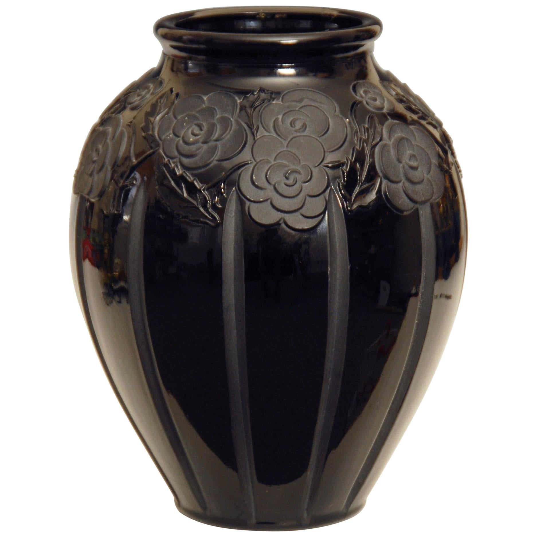 Large Black Glass Art Deco Vase For Sale