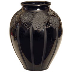 Large Black Glass Art Deco Vase
