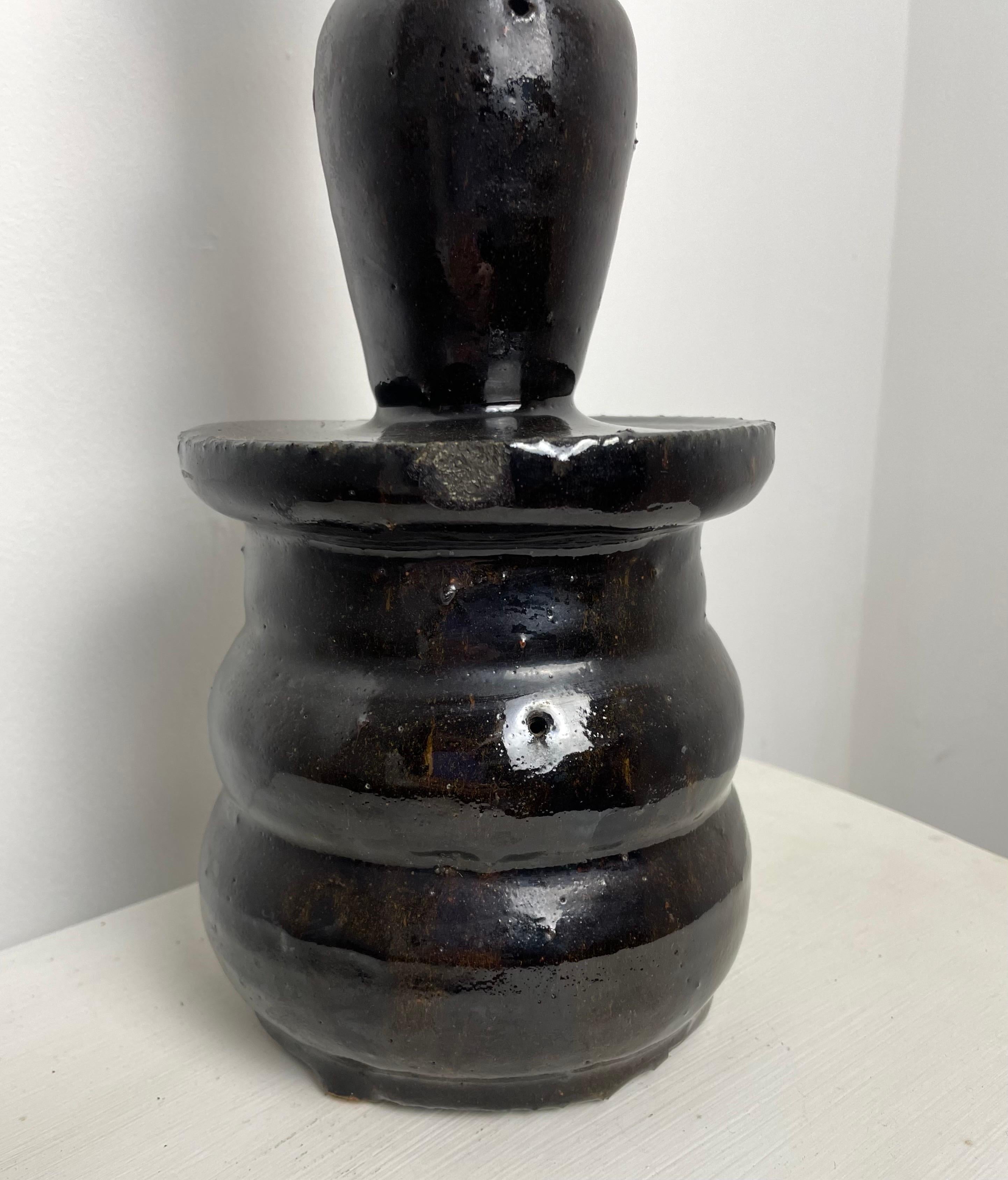 Large Black Glazed Chinese Ceramic Altar Candlestick 19th Century For Sale 7