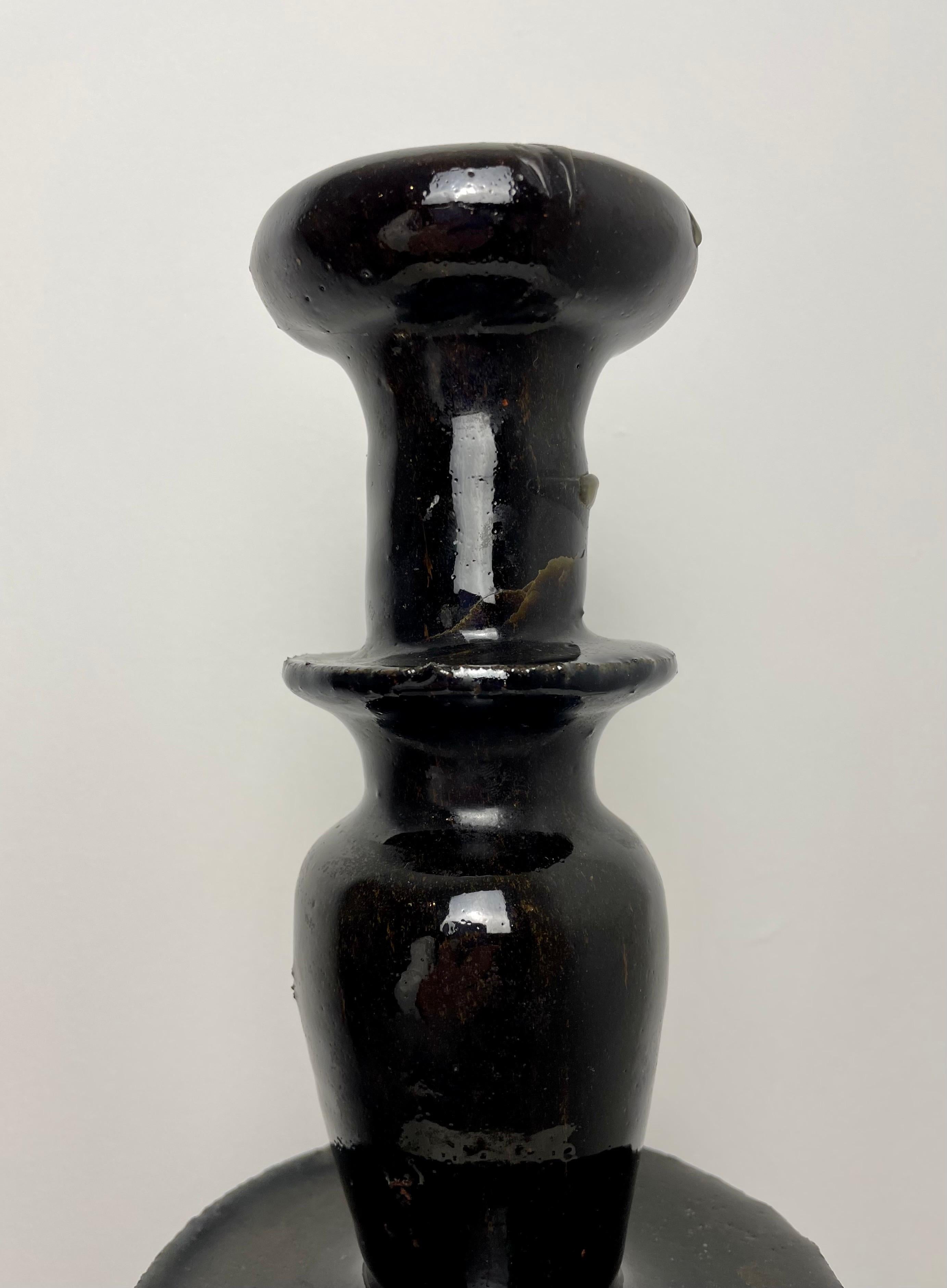 Large Black Glazed Chinese Ceramic Altar Candlestick 19th Century For Sale 1