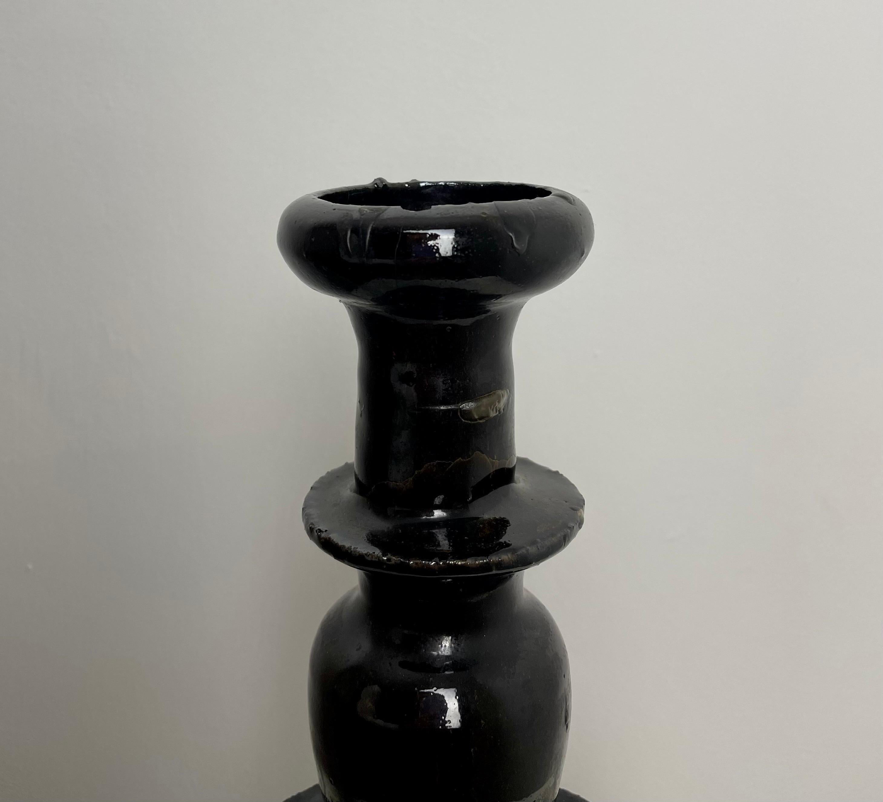 Large Black Glazed Chinese Ceramic Altar Candlestick 19th Century For Sale 3