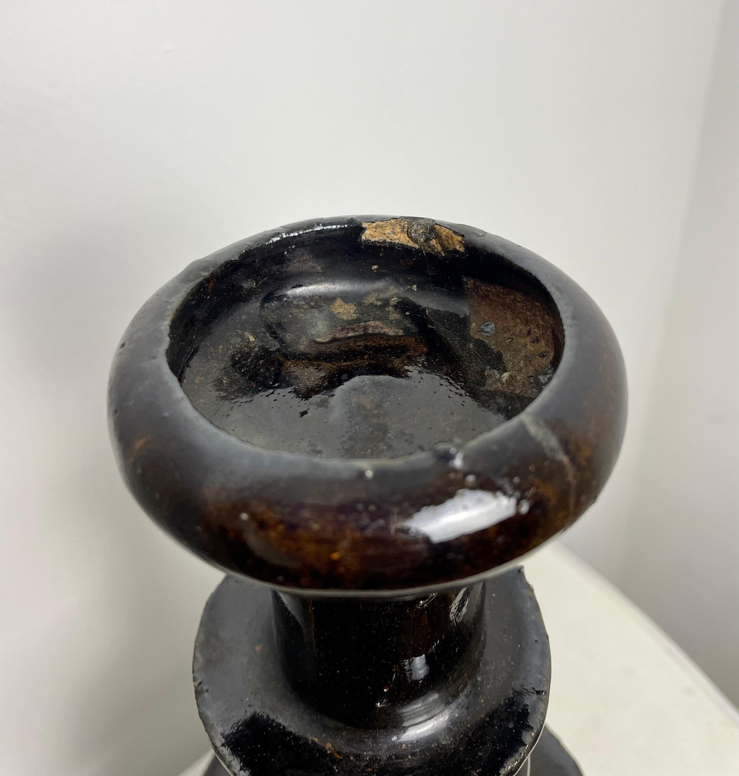 Large Black Glazed Chinese Ceramic Altar Candlestick 19th Century For Sale 4