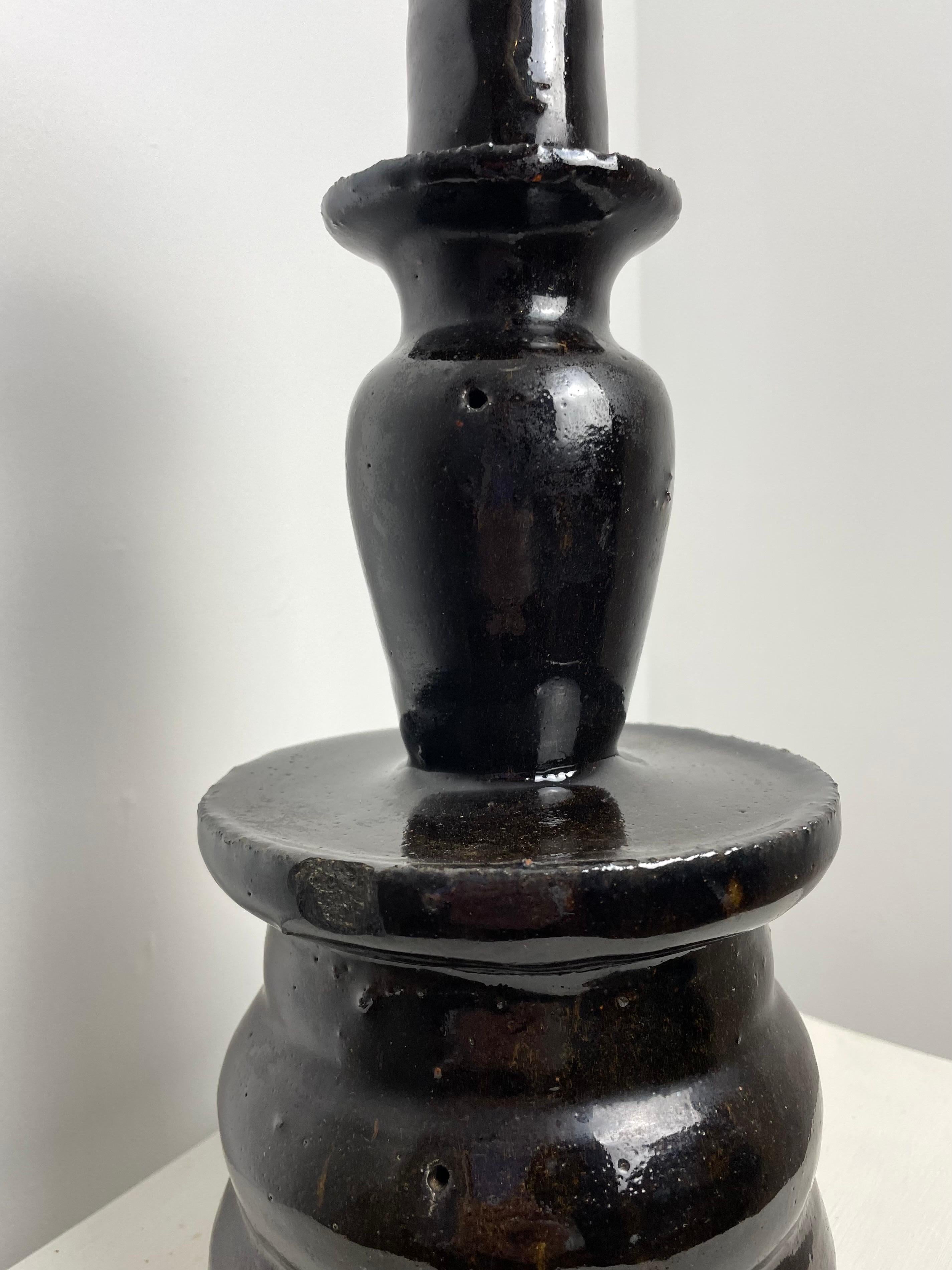 Large Black Glazed Chinese Ceramic Altar Candlestick 19th Century For Sale 5