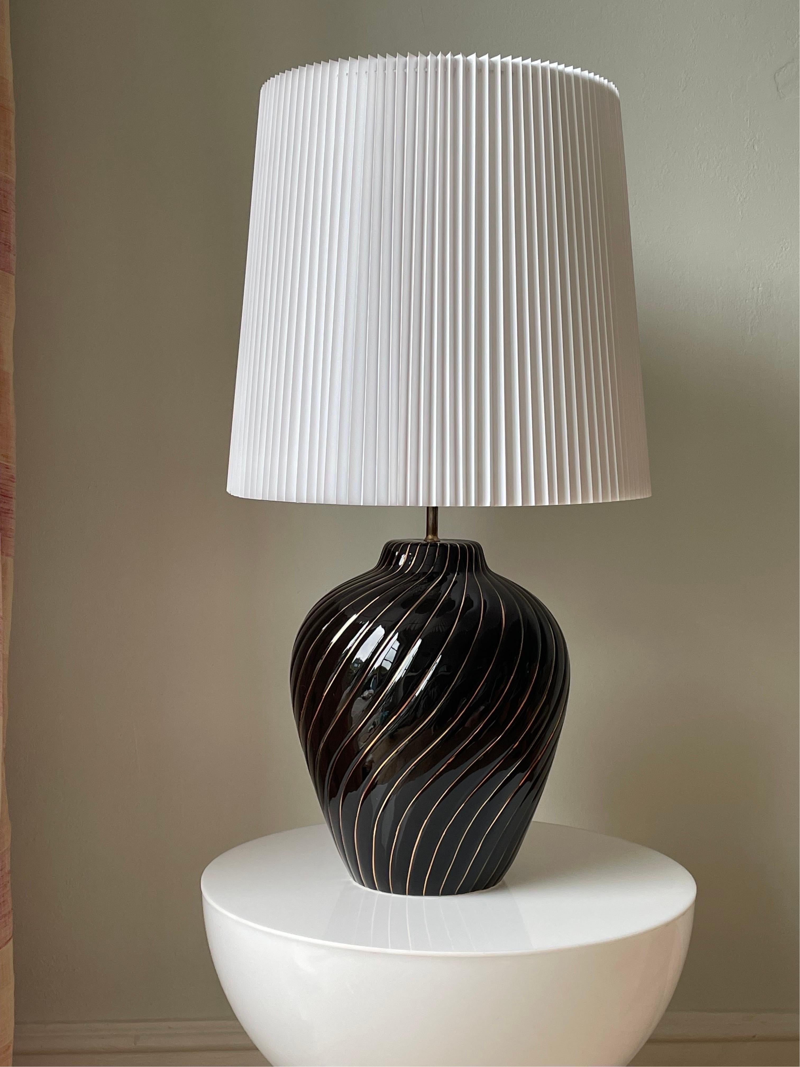 Glazed Large Tommaso Barbi Style Black Gold Table Lamp, Italy, 1970s For Sale