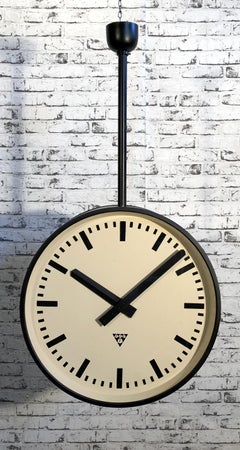 Large Black Industrial Double Sided Railway or Factory Clock from Pragotron 1960