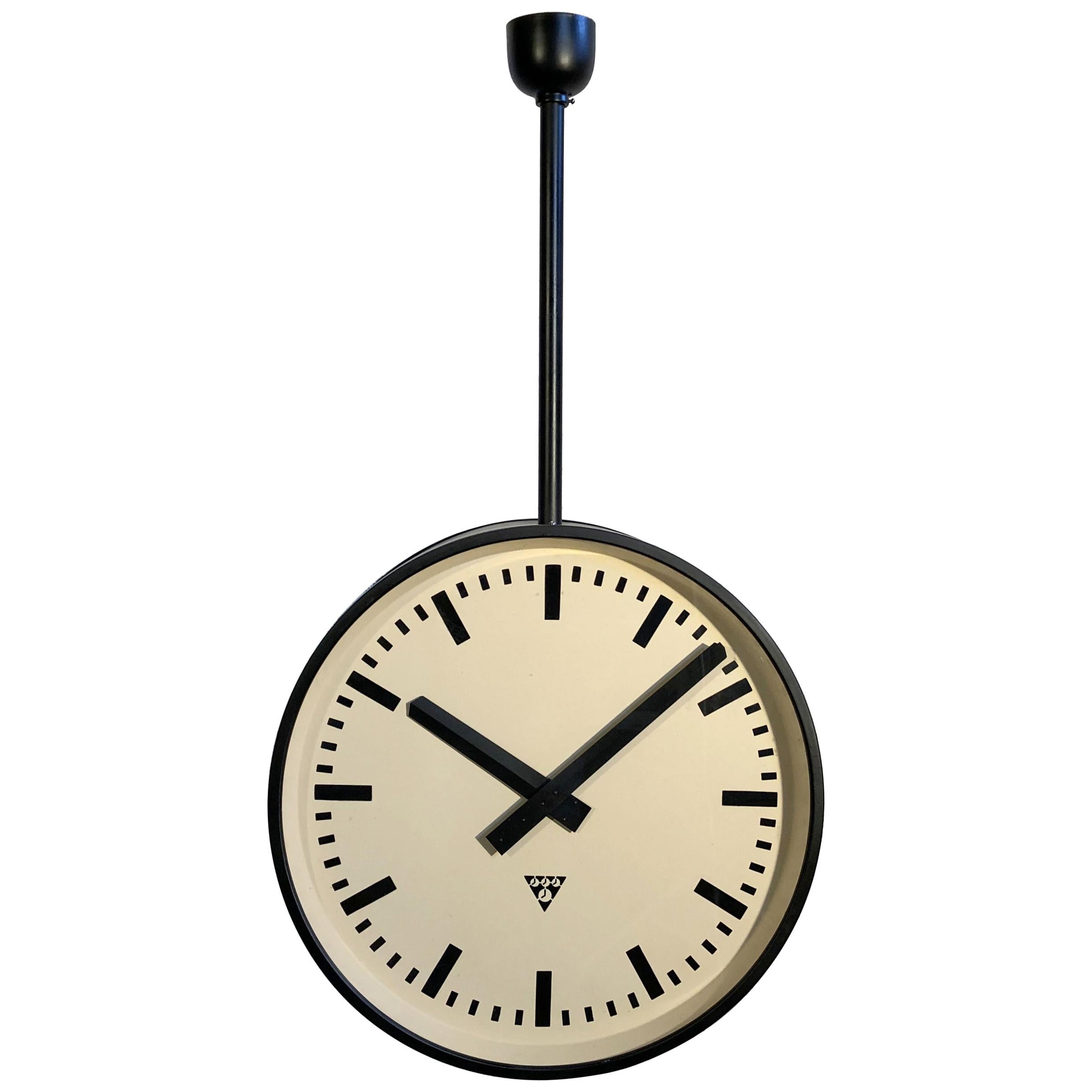 Large Black Industrial Double Sided Railway or Factory Clock from Pragotron 1960
