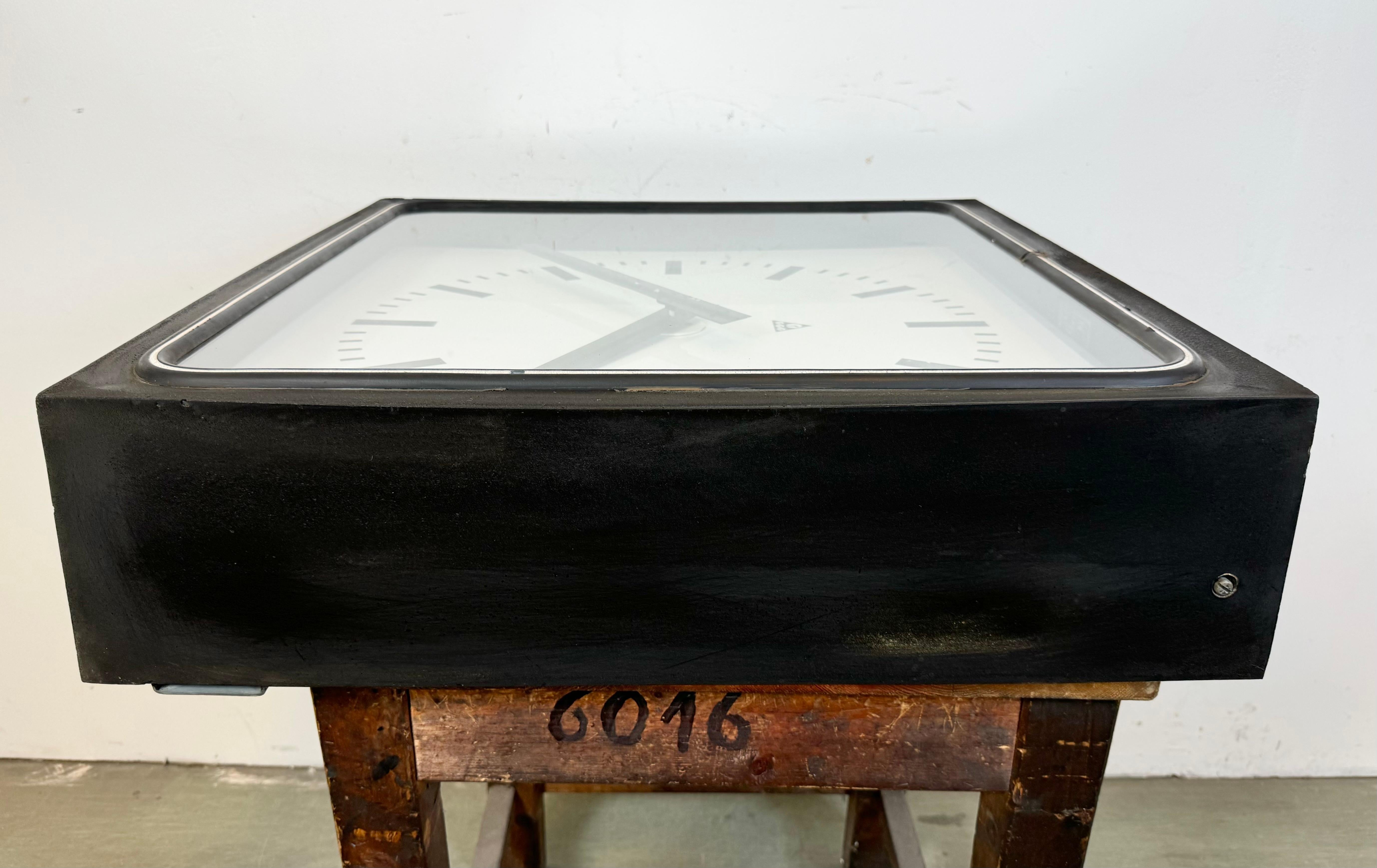 Large Black Industrial Station Square Wall Clock from Pragotron, 1960s For Sale 4