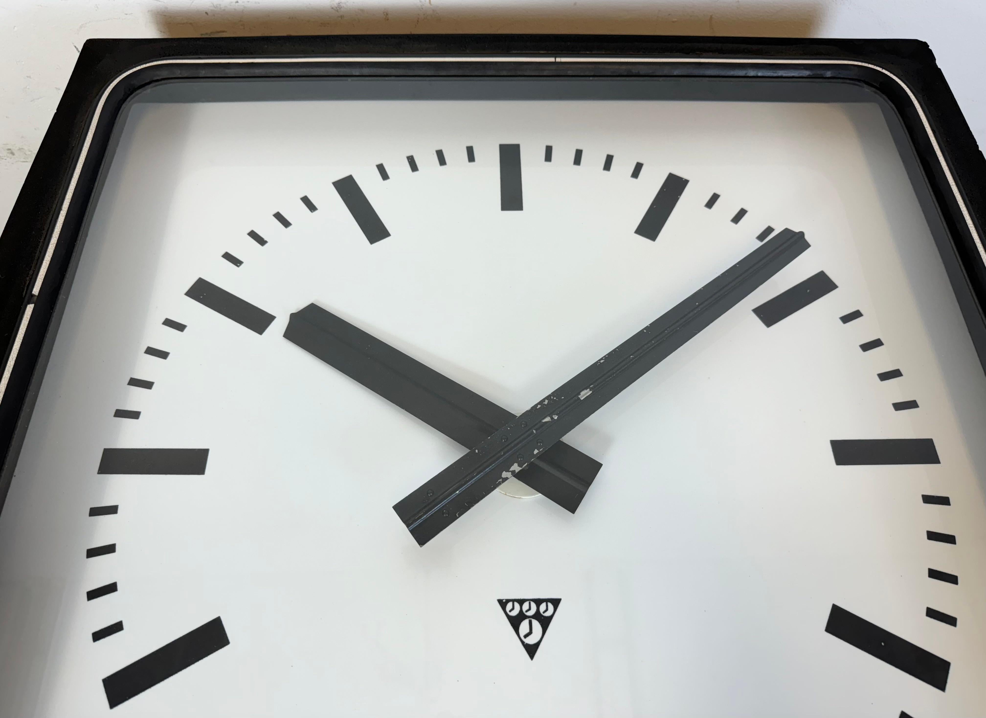 Large Black Industrial Station Square Wall Clock from Pragotron, 1960s For Sale 5