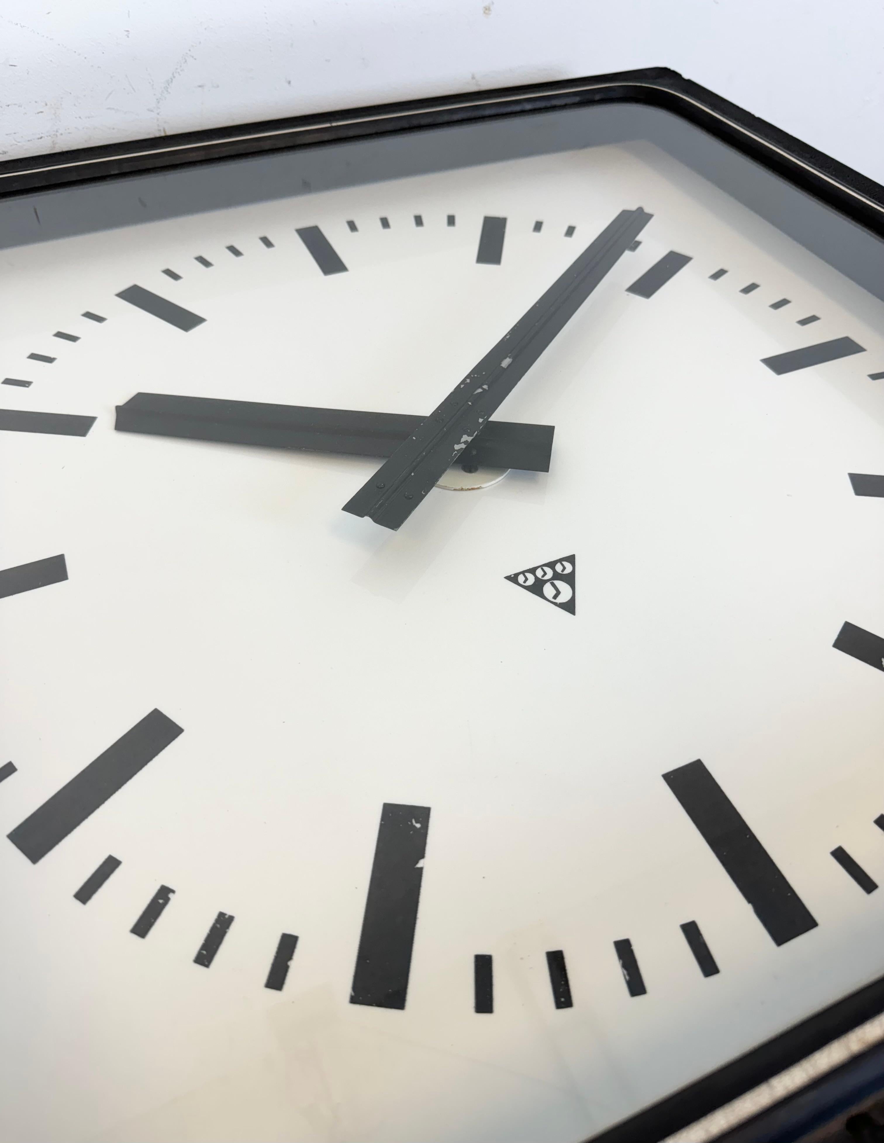 Large Black Industrial Station Square Wall Clock from Pragotron, 1960s For Sale 8