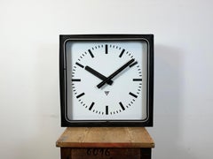 Large Black Industrial Station Square Wall Clock from Pragotron, 1960s