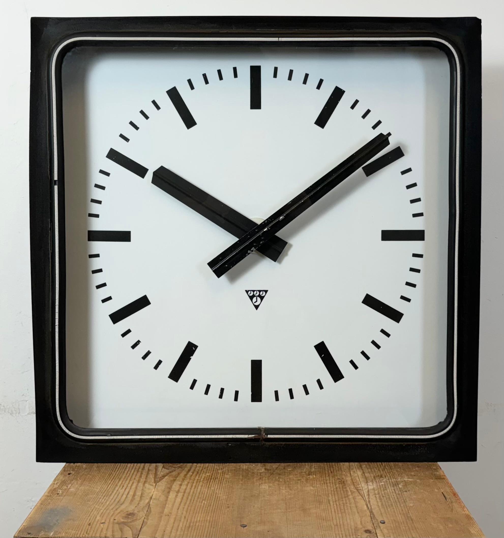 Czech Large Black Industrial Station Square Wall Clock from Pragotron, 1960s For Sale