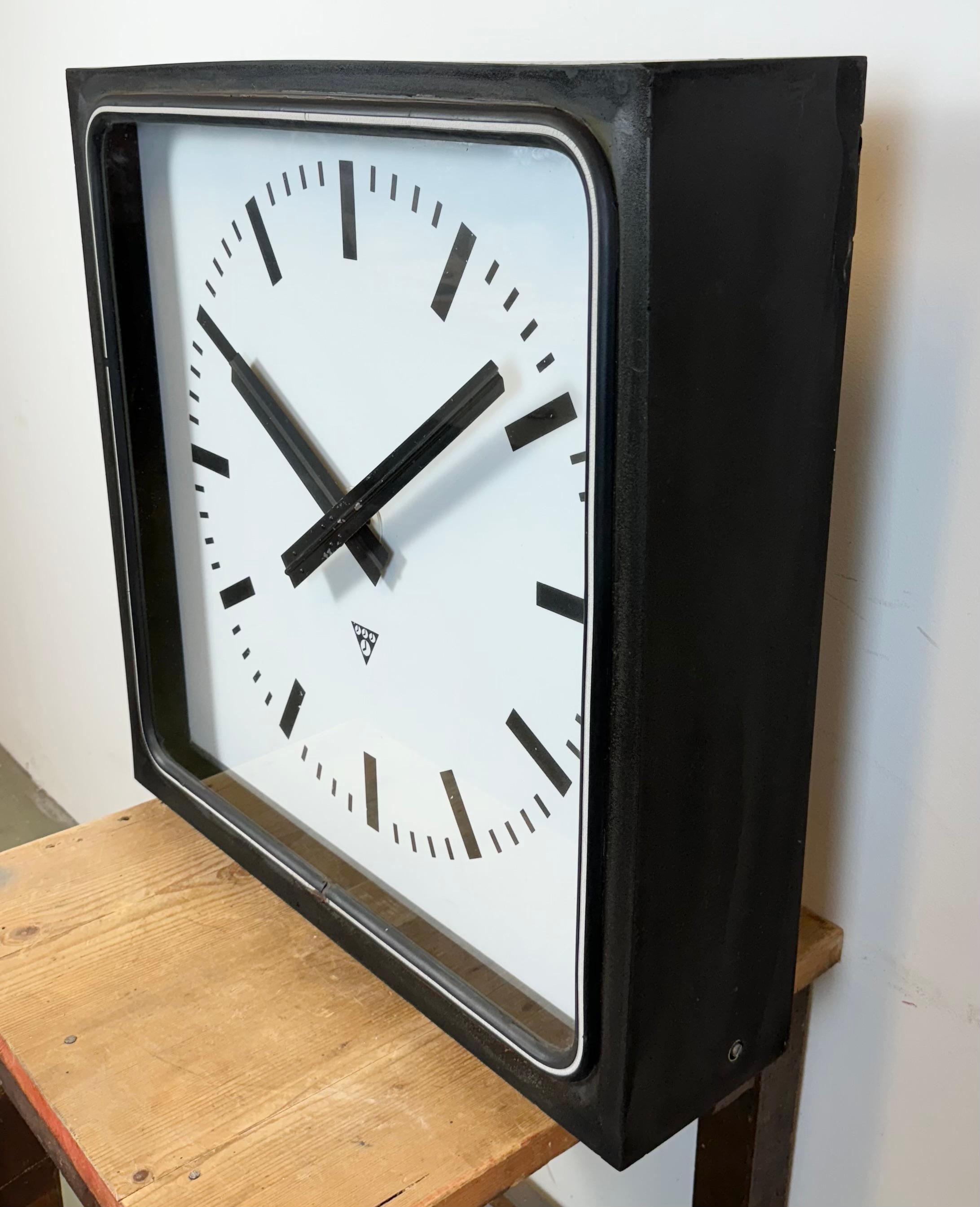 Large Black Industrial Station Square Wall Clock from Pragotron, 1960s In Good Condition For Sale In Kojetice, CZ