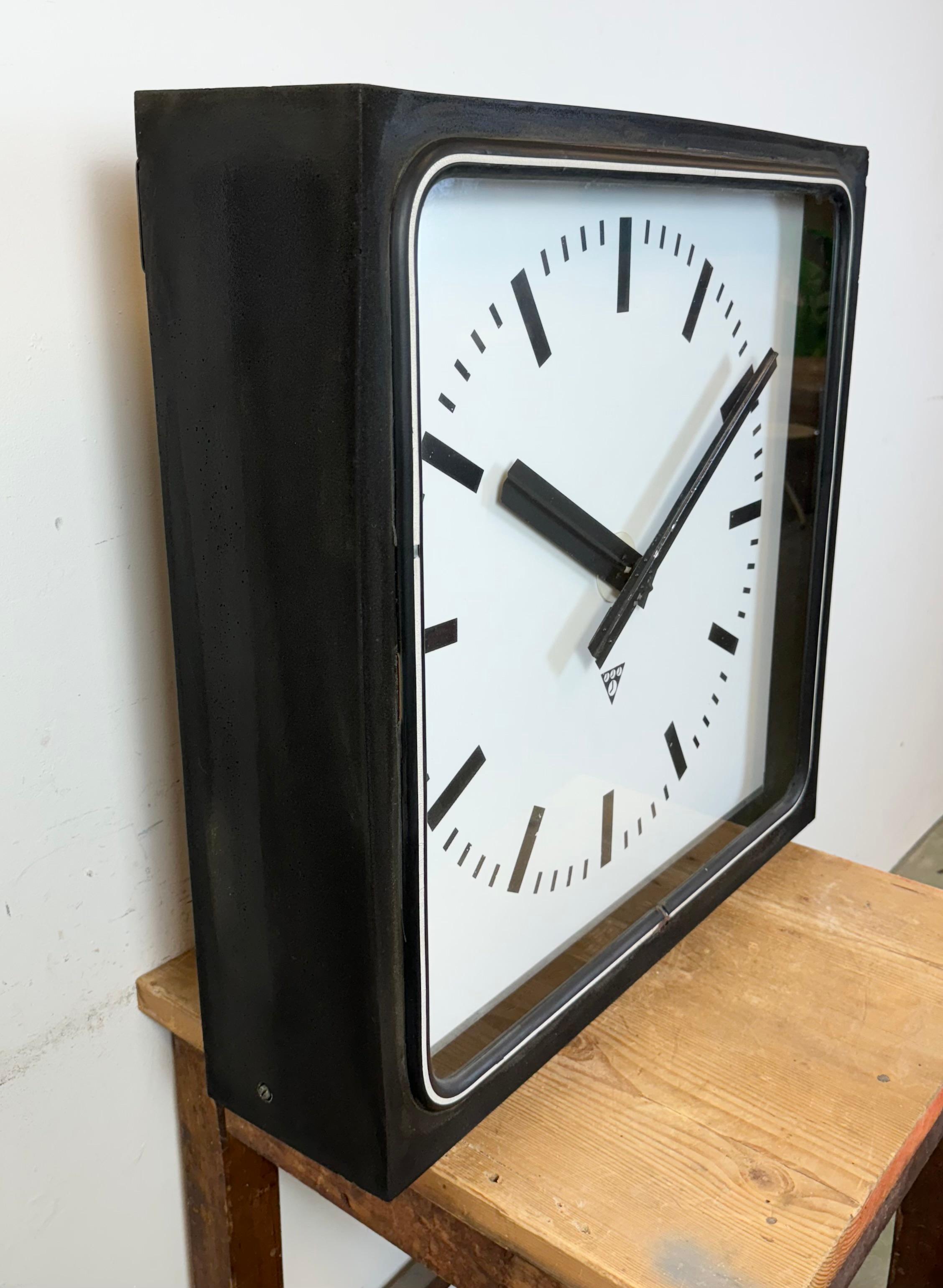20th Century Large Black Industrial Station Square Wall Clock from Pragotron, 1960s For Sale