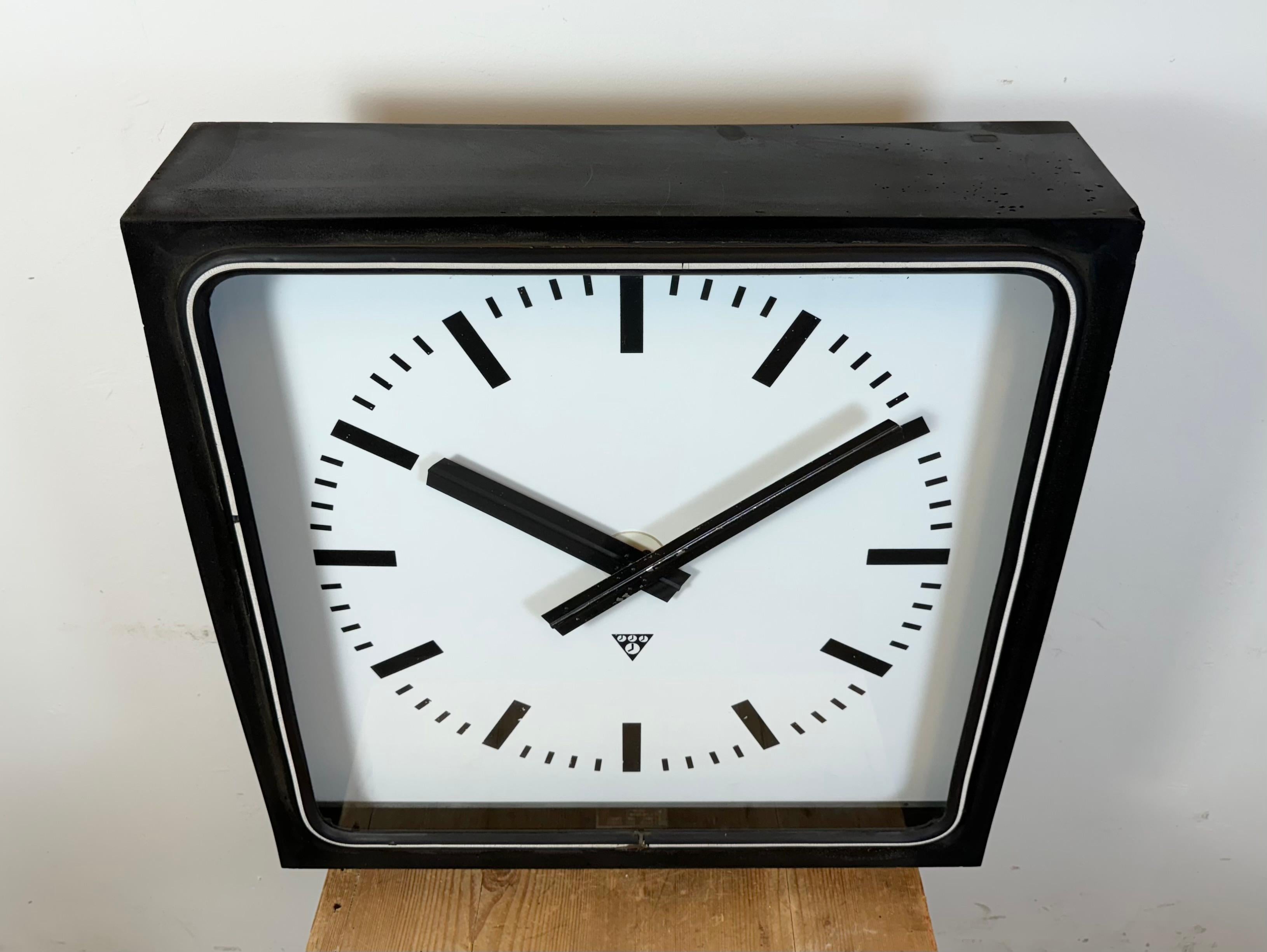 Glass Large Black Industrial Station Square Wall Clock from Pragotron, 1960s For Sale