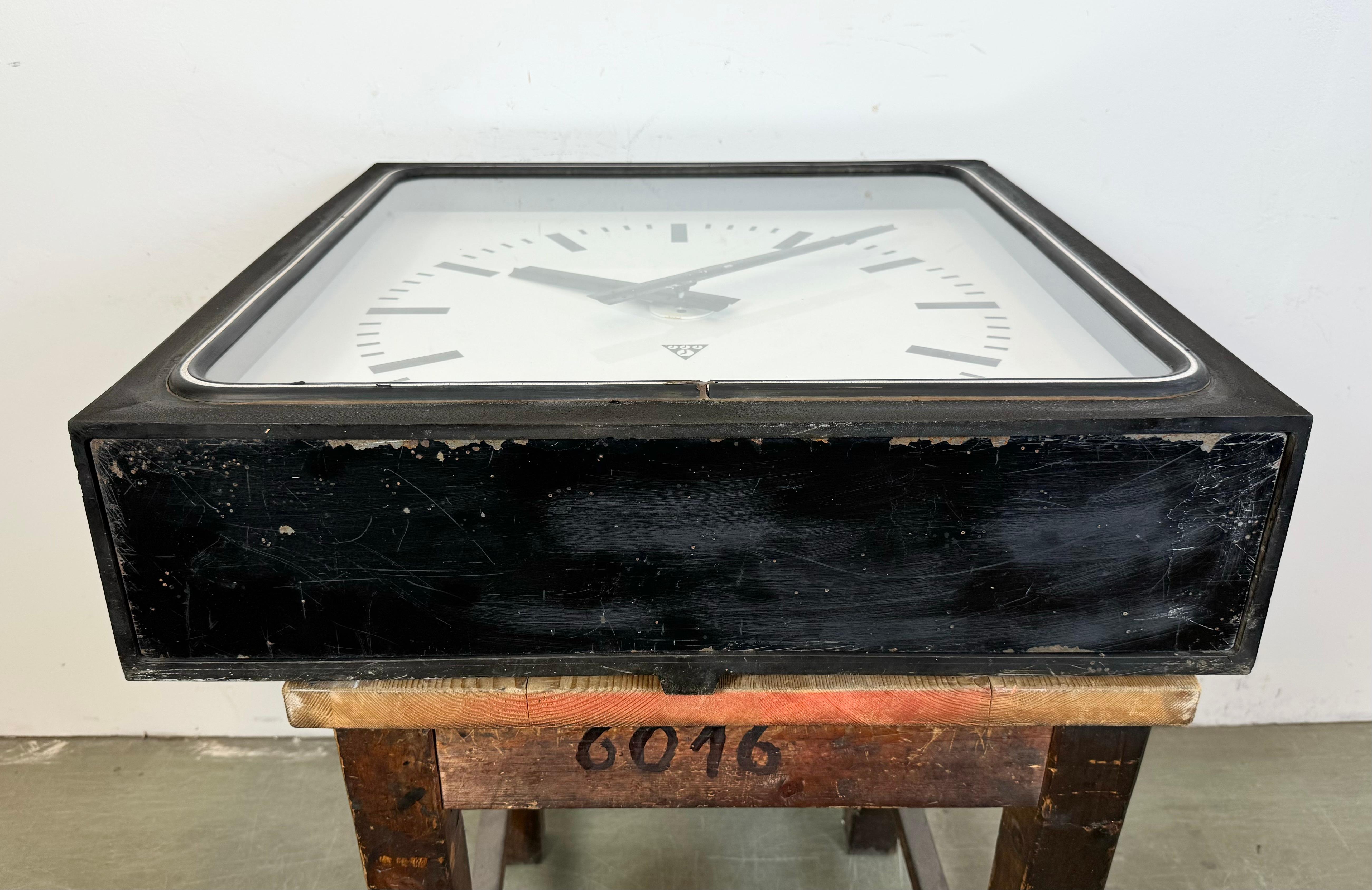 Large Black Industrial Station Square Wall Clock from Pragotron, 1960s For Sale 1
