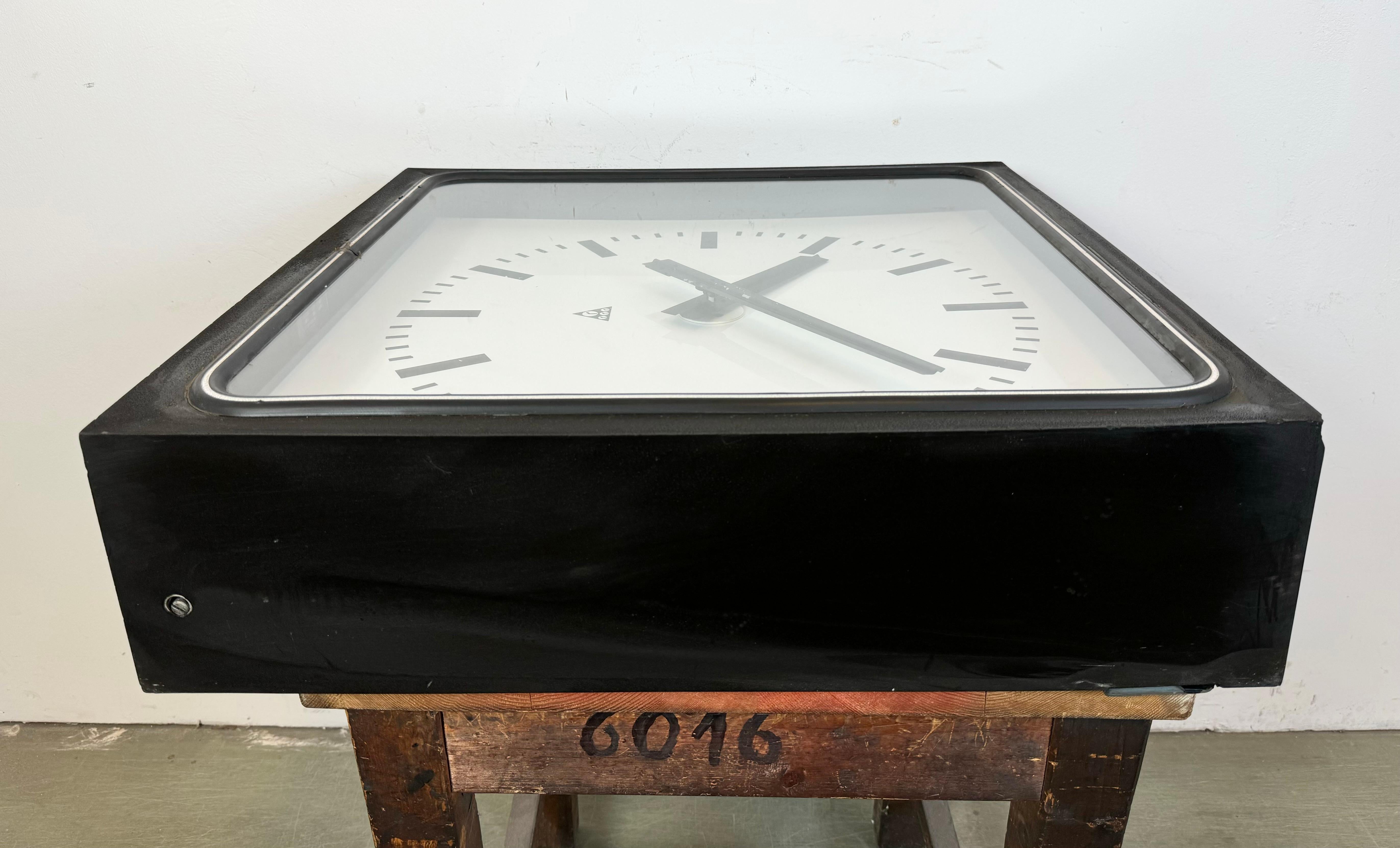 Large Black Industrial Station Square Wall Clock from Pragotron, 1960s For Sale 2