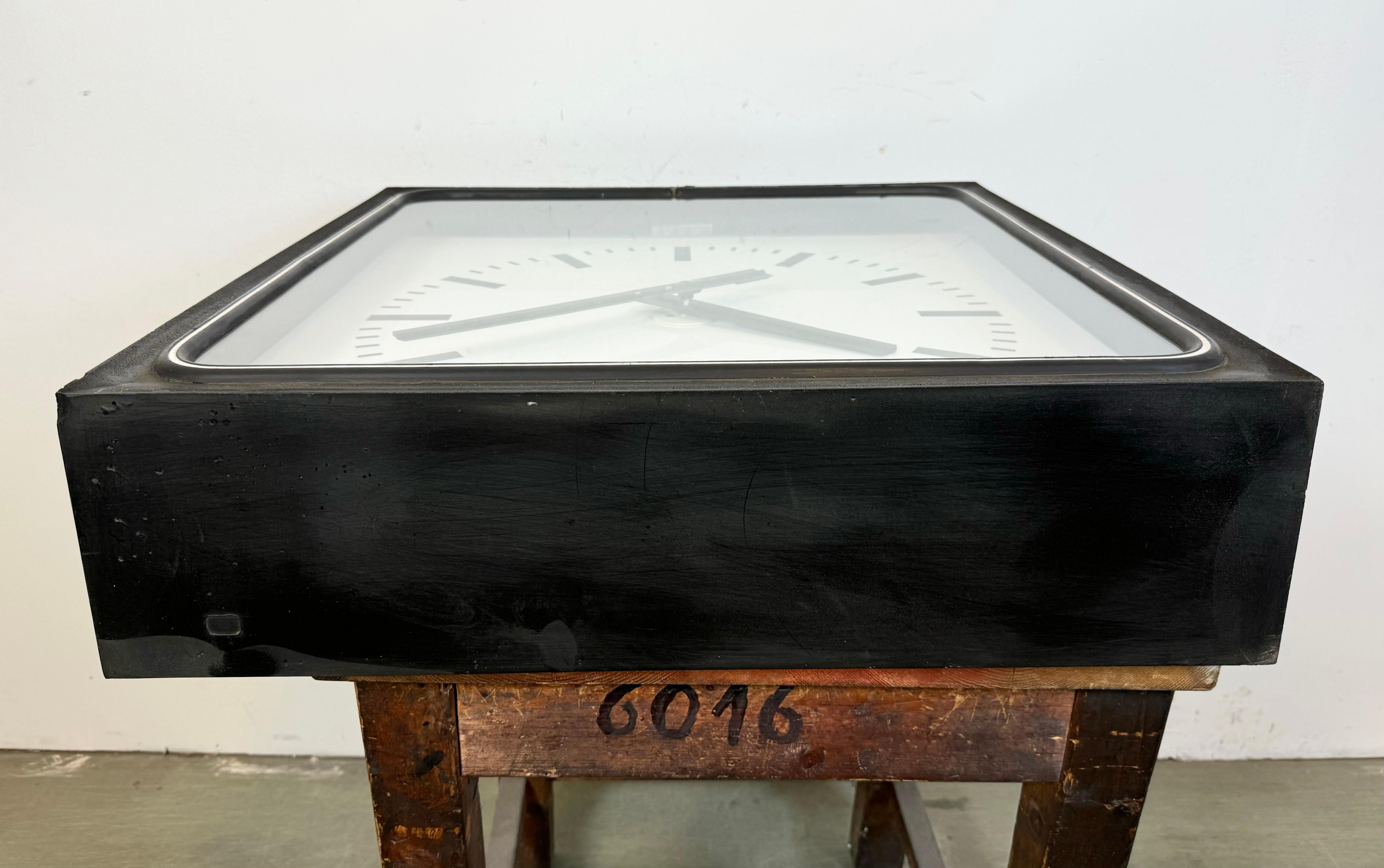 Large Black Industrial Station Square Wall Clock from Pragotron, 1960s For Sale 3