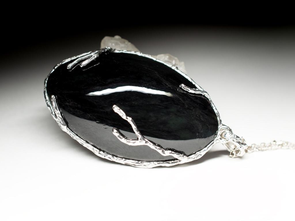 Große schwarze Jade Silber Anhänger Magischer Edelstein Vintage-Stil Nephrit Geschenkidee Frau (Kunsthandwerker*in)